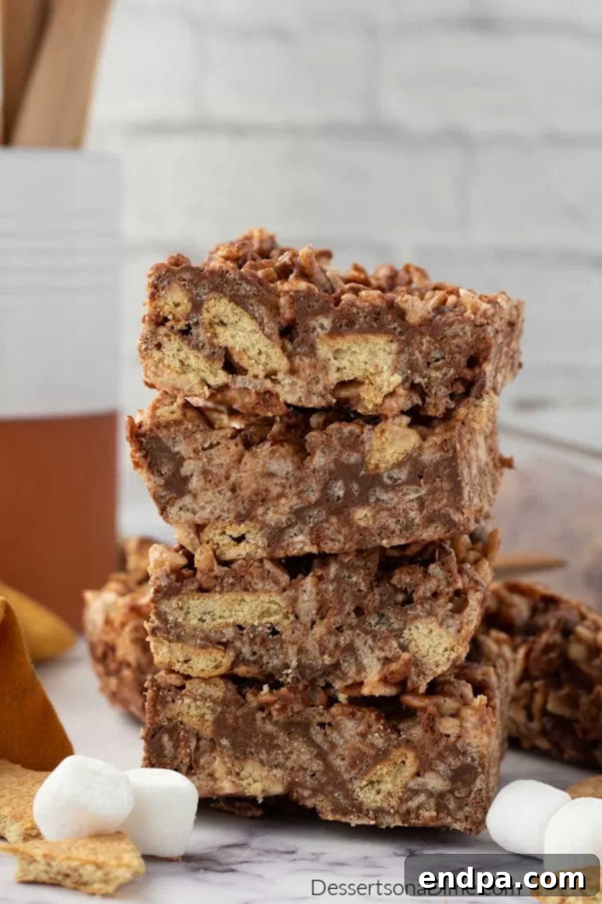 No-Bake S'mores Rice Krispie Treats 7 S'mores bars stacked together.