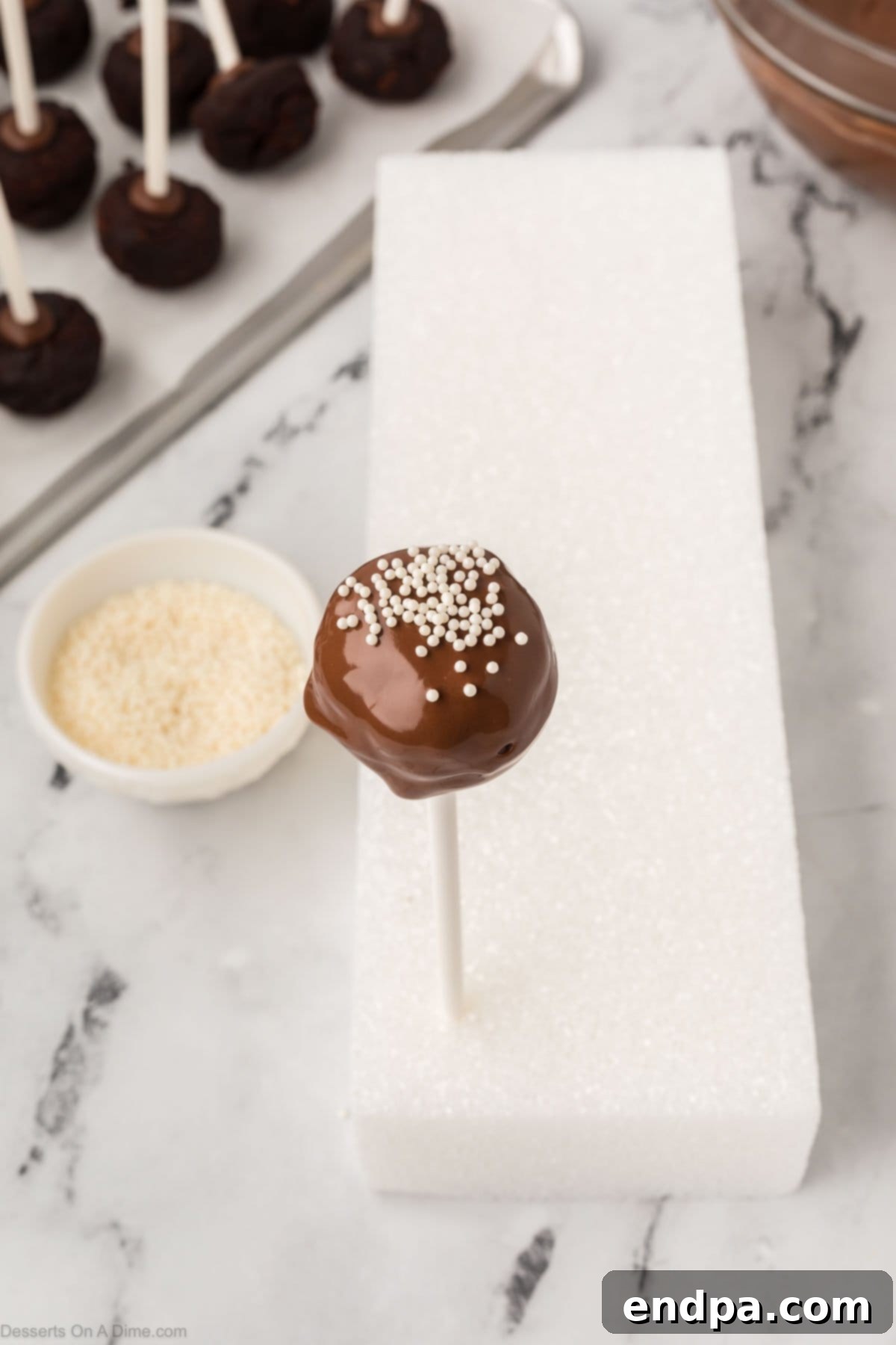 A chocolate cake pop coated and inserted into a stand, with sprinkles being added.