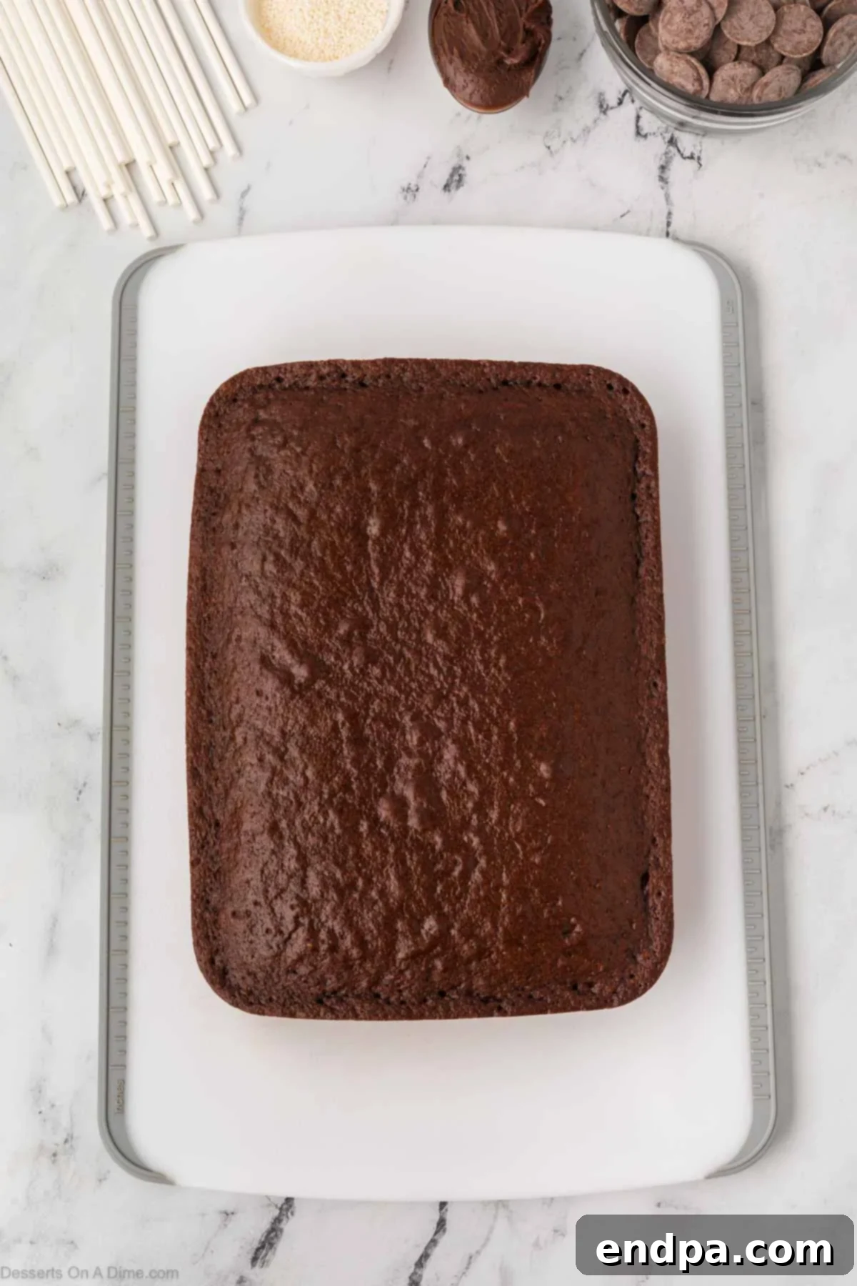 Cooled chocolate cake removed from the pan and placed on a cutting board.
