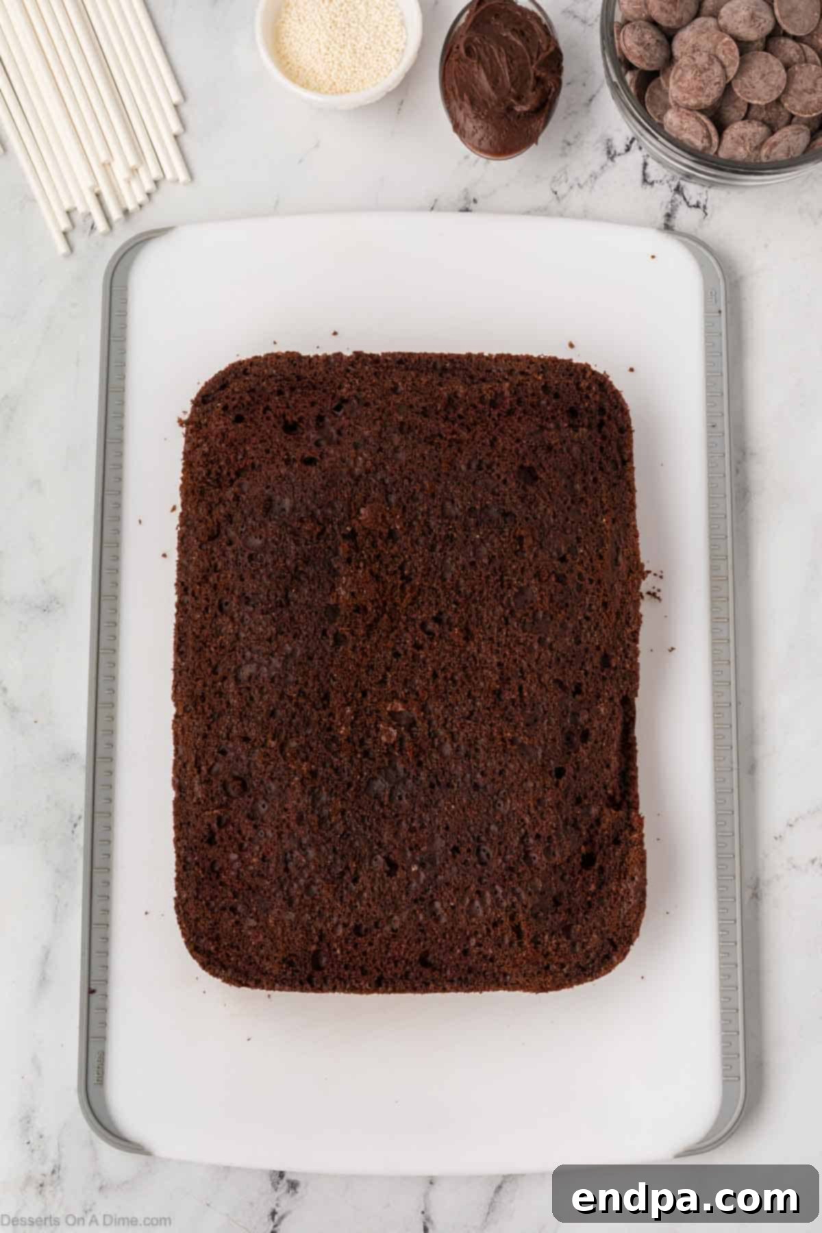 The outer crust of the chocolate cake being removed before crumbling.
