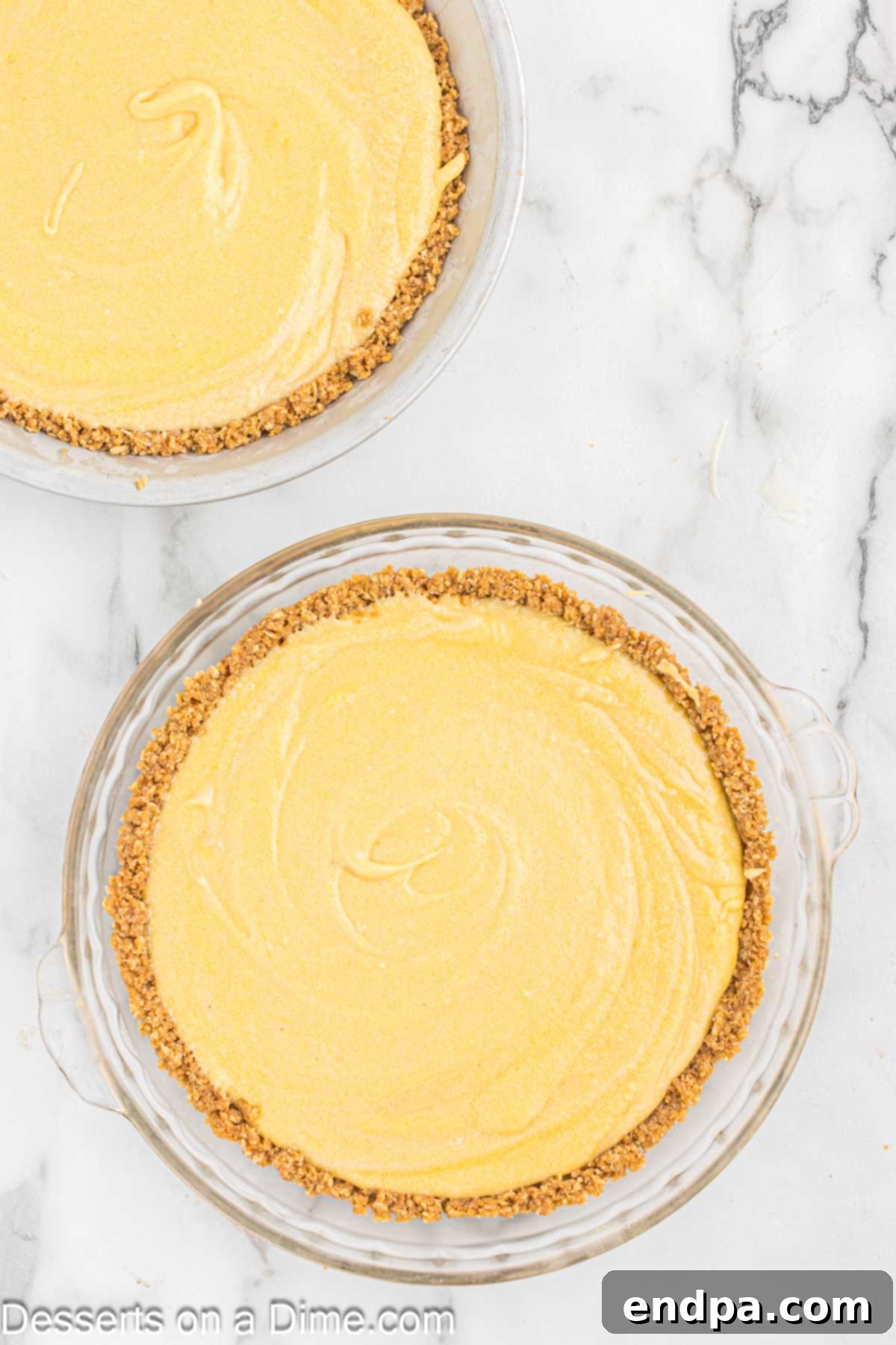 Golden Butter Crunch Pie 17 Pouring the creamy pie filling into the prepared oat cookie crust in a pie plate.