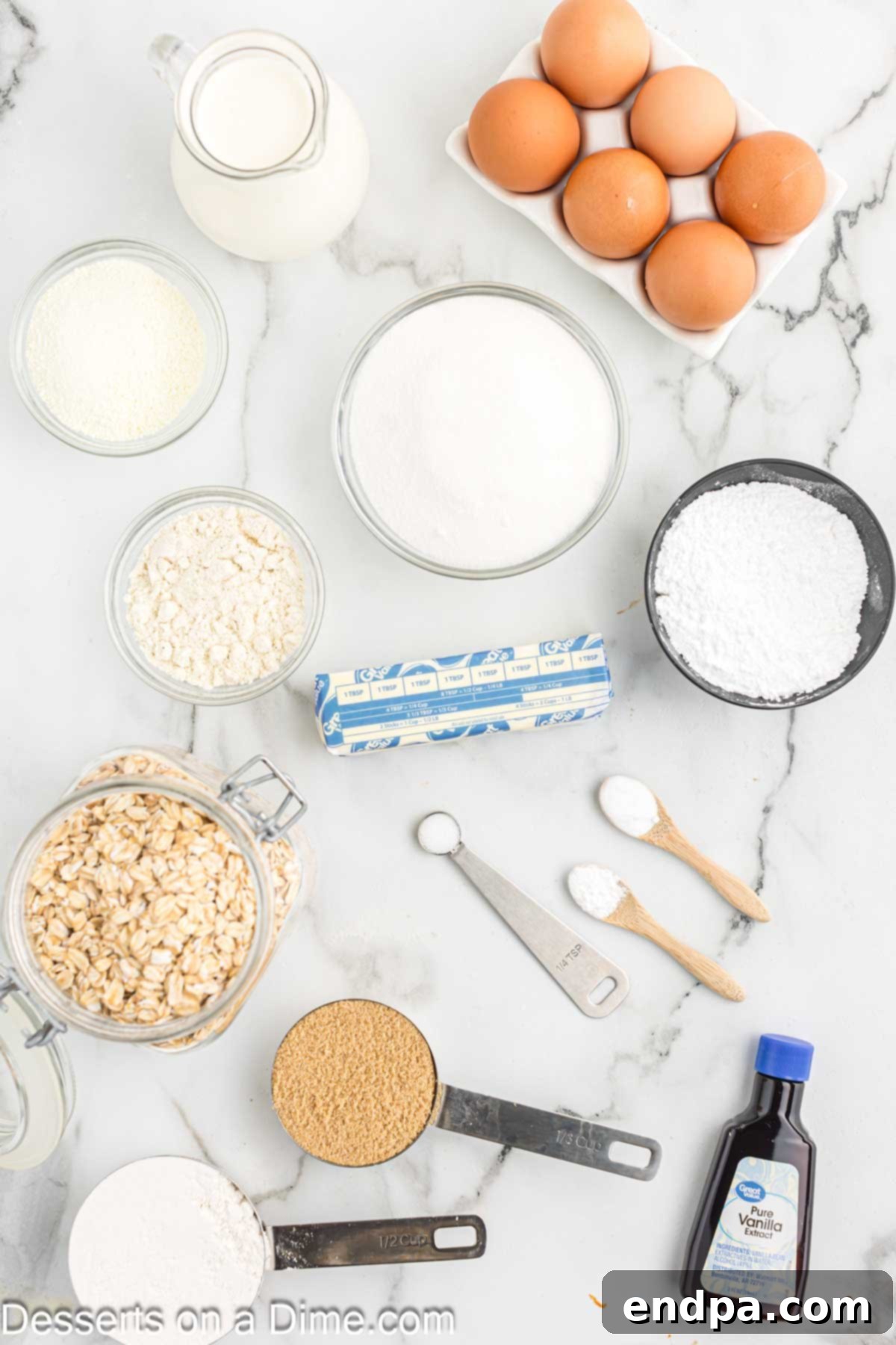 Golden Butter Crunch Pie 3 A flat lay photograph showcasing all the ingredients required for Crack Pie: butter, brown sugar, granulated sugar, egg yolk, flour, old-fashioned oats, salt, baking powder, baking soda, dry milk powder, corn powder, heavy cream, and vanilla extract.