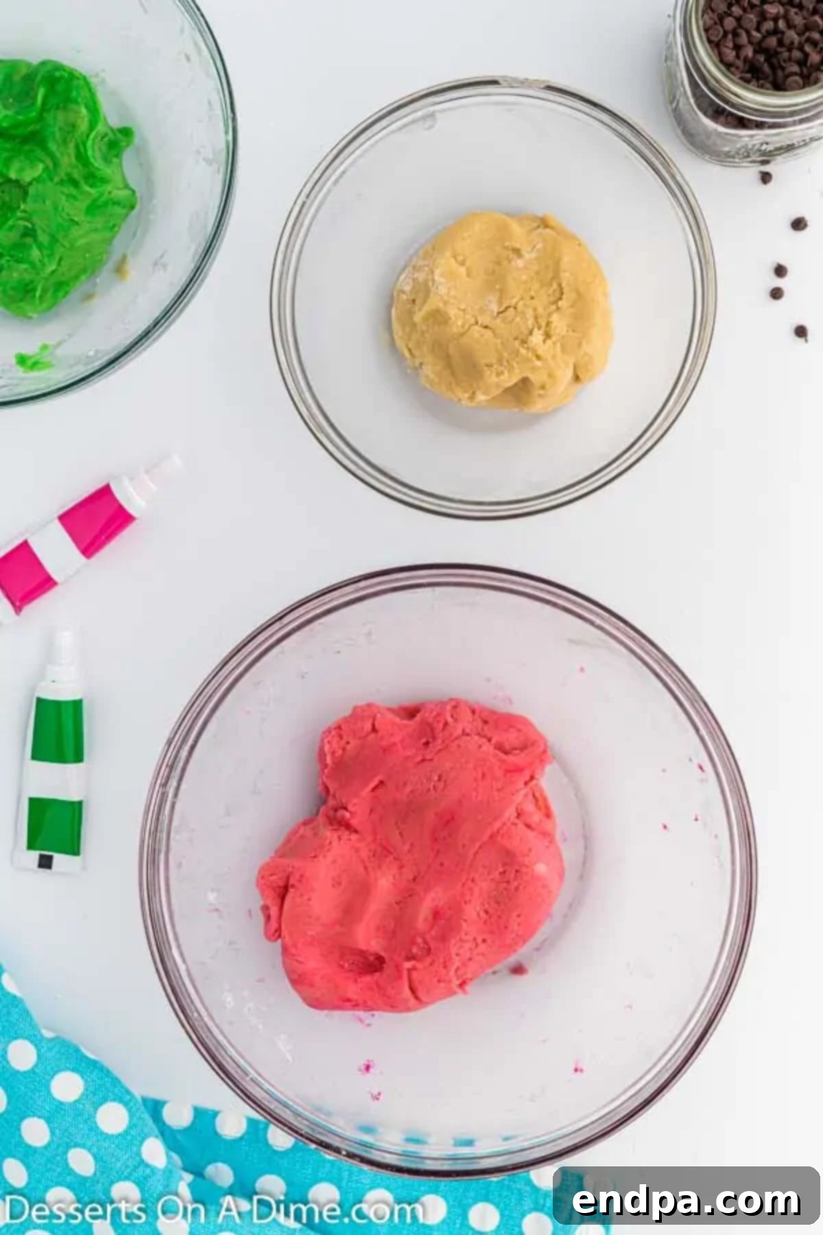 Summer Melon Bites 6 Cookie dough divided into portions and ready for coloring.