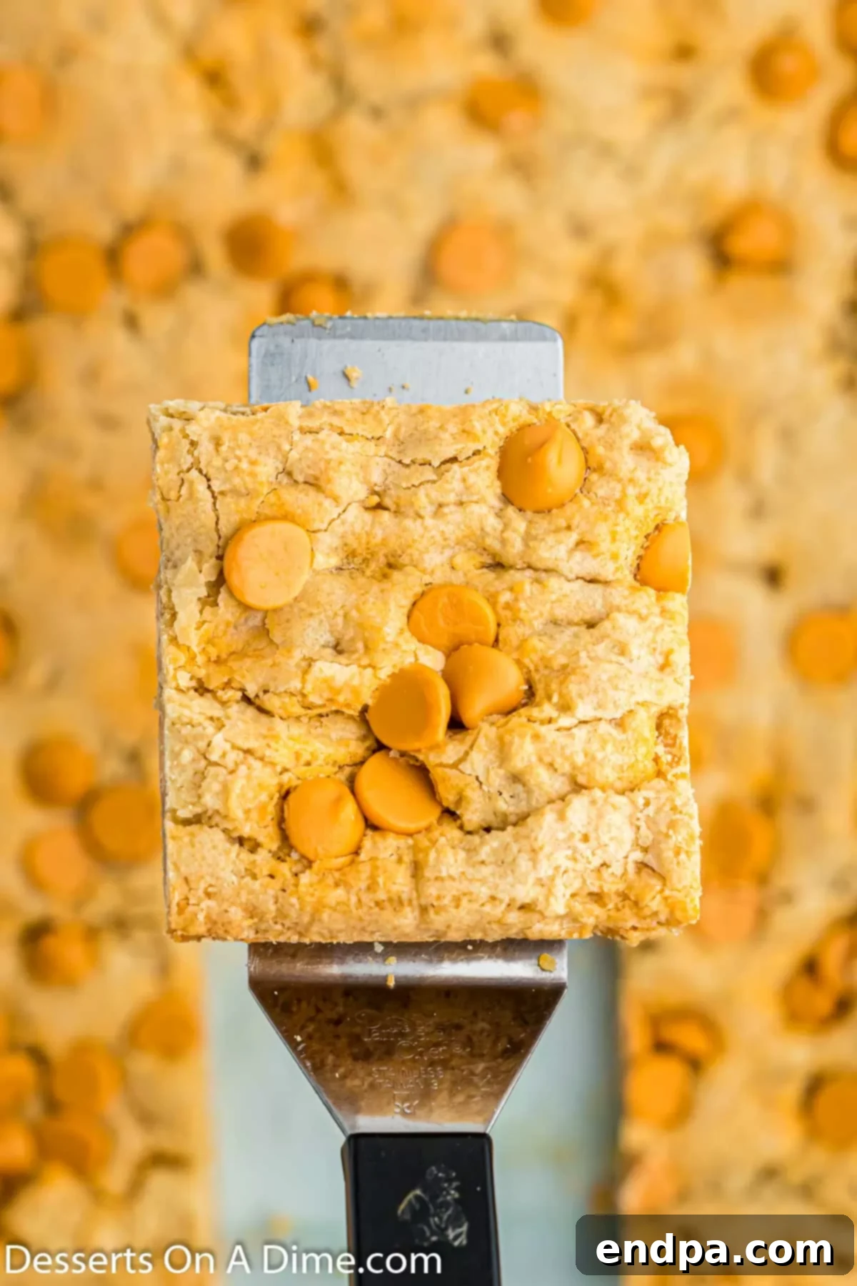 Irresistible Butterscotch Squares 11 A butterscotch bar being lifted from the pan with a spatula, ready to be served.