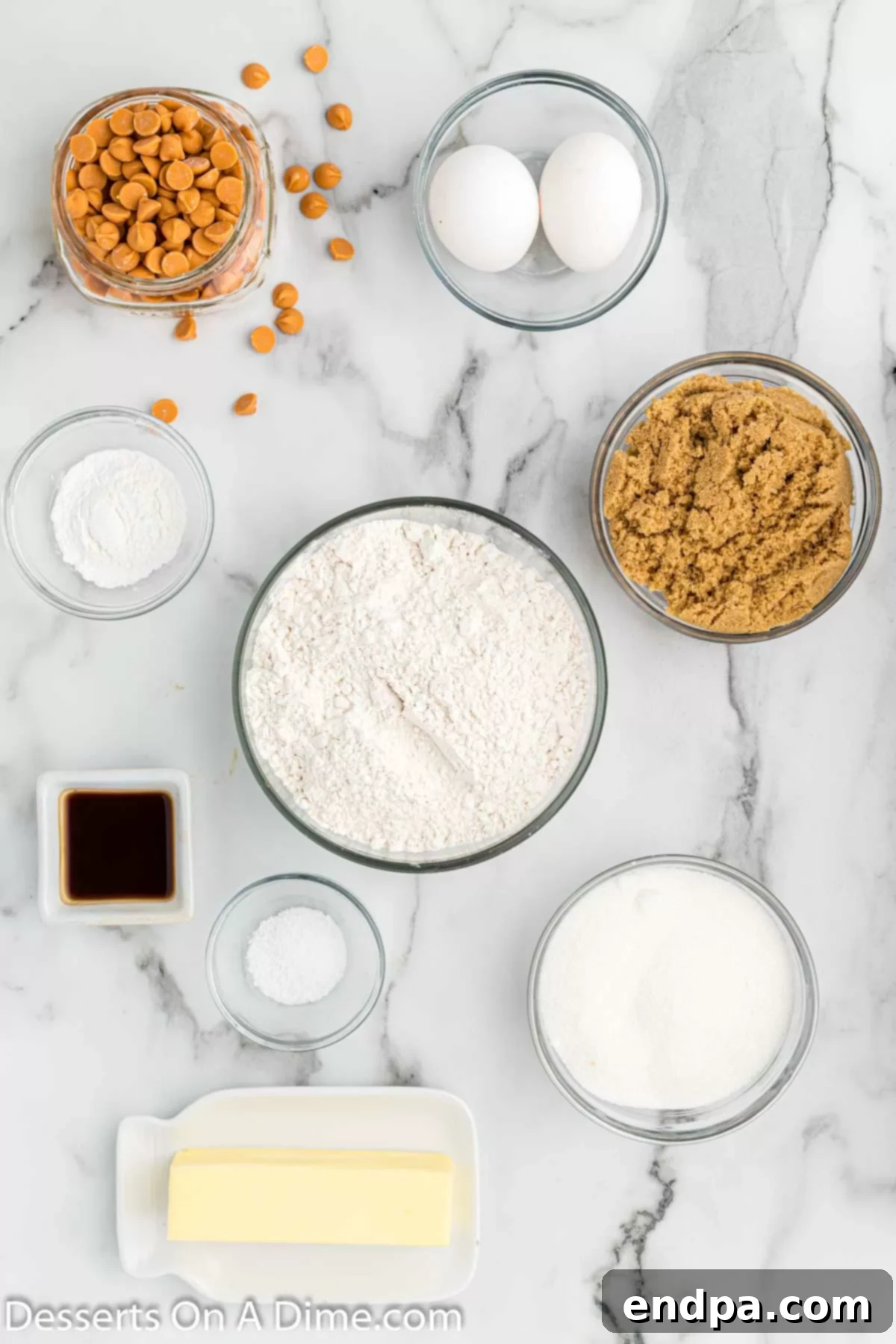 Irresistible Butterscotch Squares 3 Key ingredients for Butterscotch bars: softened butter, vanilla extract, large eggs, all-purpose flour, and salt.