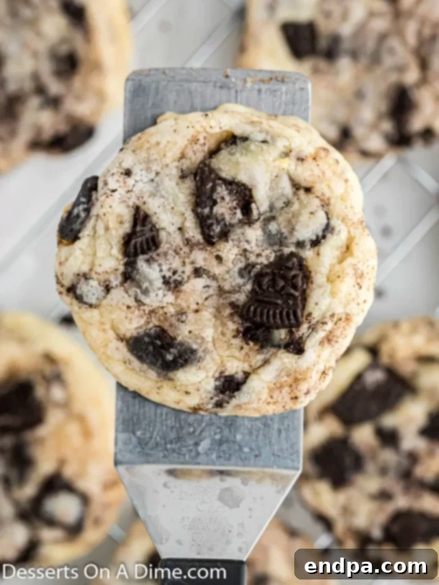 A baked Oreo cheesecake cookie being carefully lifted from the baking sheet with a spatula.