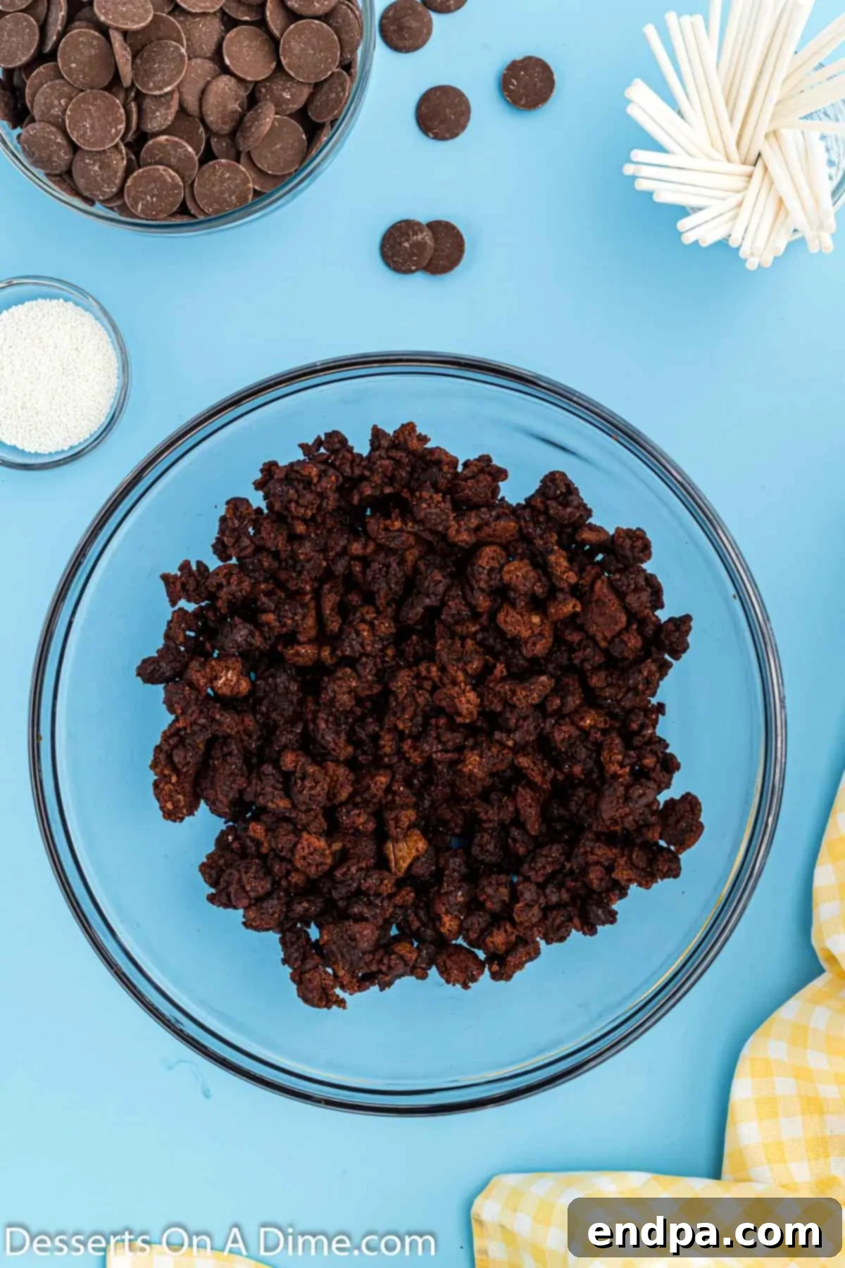 Brownies crumbled in bowl. 