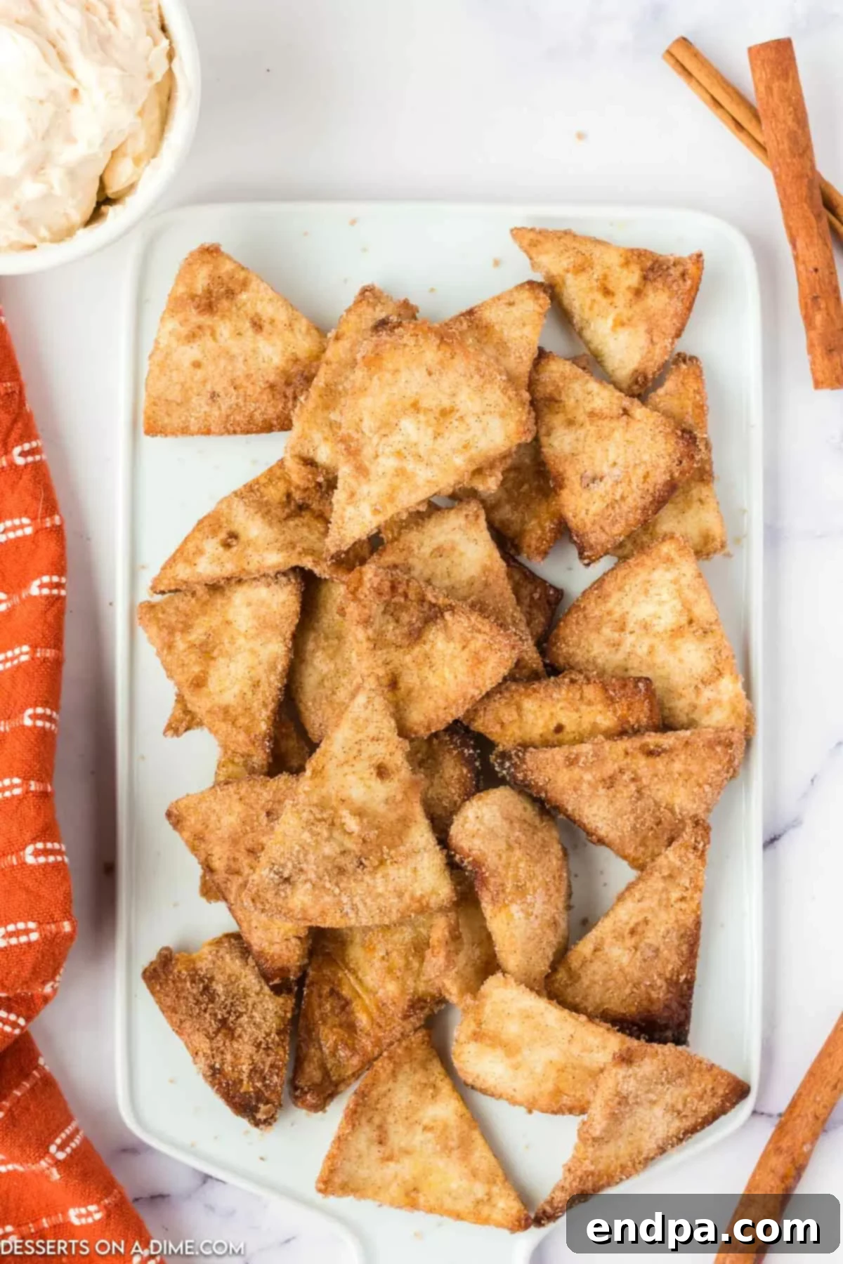 Air fryer churro chips on a platter. 