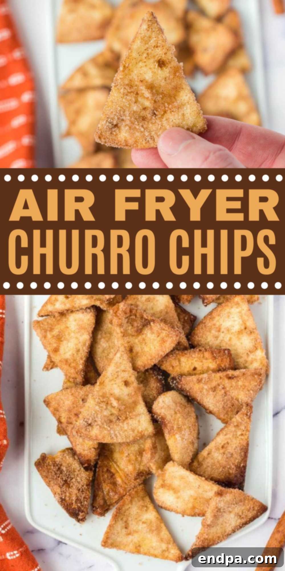 Each bite of Air Fryer Churro Chips is crispy and loaded with cinnamon sugar mixture. Dip the chips in creamy caramel sauce for a real treat. They are coated generously in a delicious cinnamon sugar mixture and cooked to crispy perfection. #dessertsonadime #airfryerrecipes #churrochips