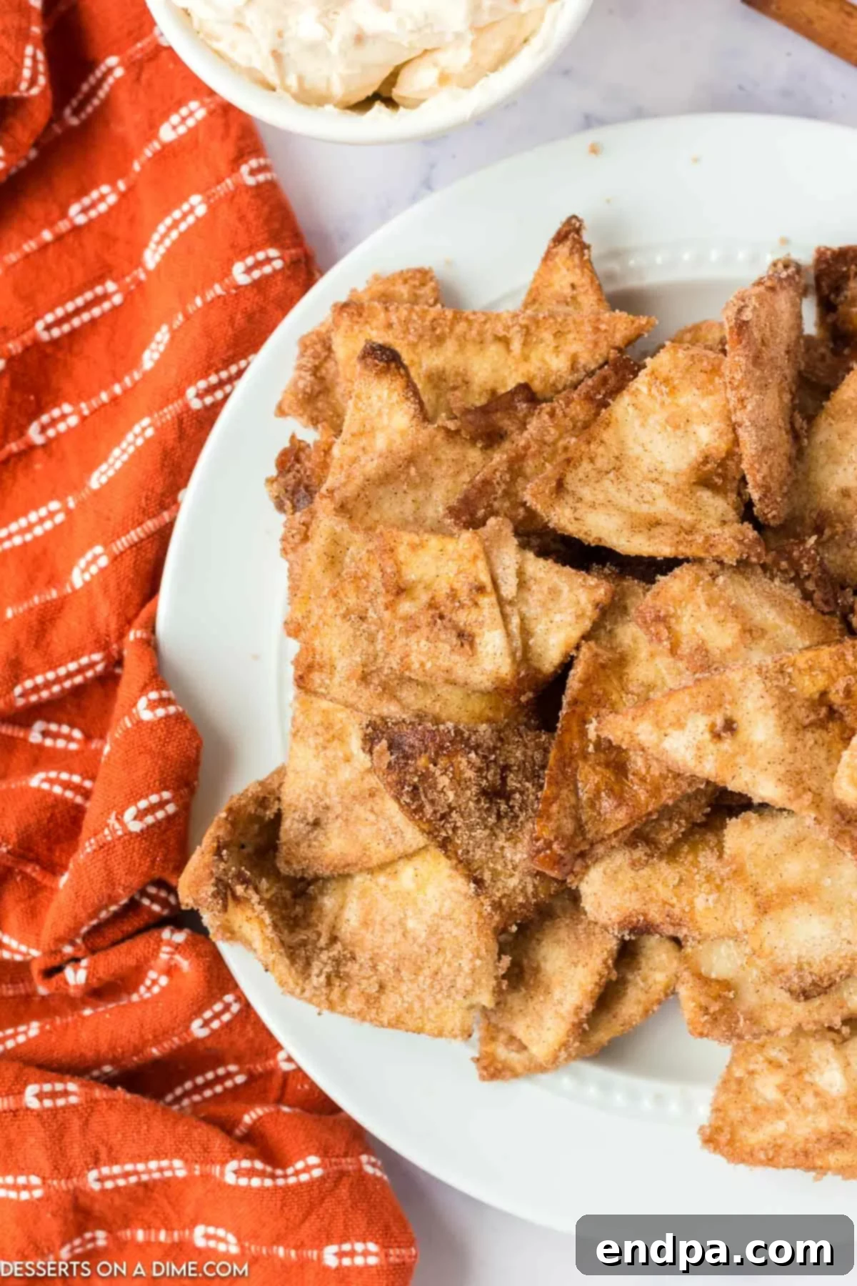 Air fryer churro chips on a platter. 