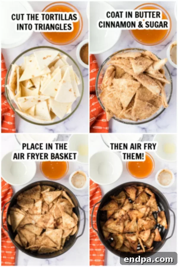 Process photos of cutting, coating and frying chips. 