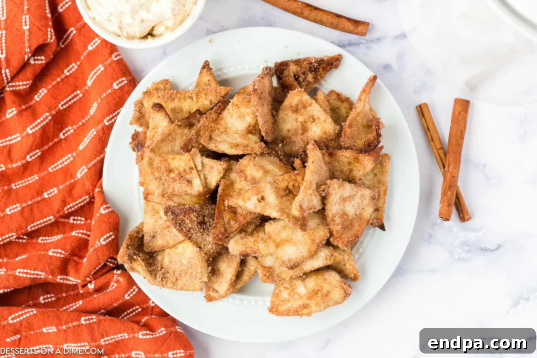 Air fryer churro chips on a platter. 
