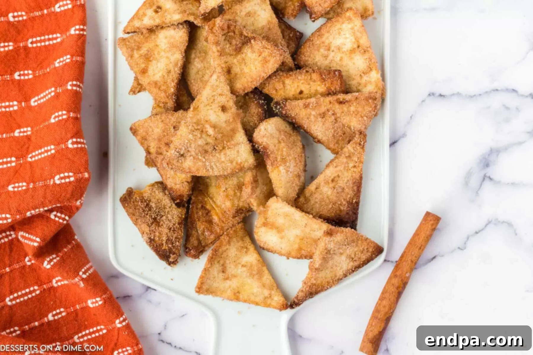 Air fryer churro chips on a platter. 