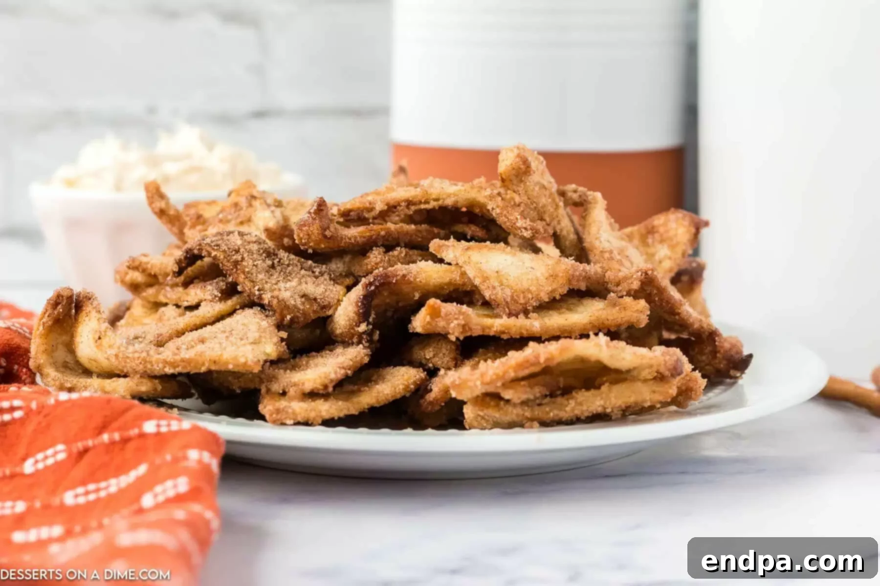 Air fryer churro chips on a platter. 