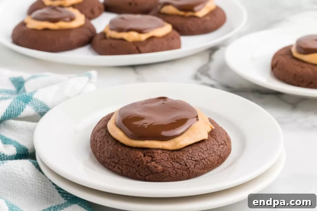 Ultimate Buckeye Brownie Delights 2 A close-up shot of several Buckeye Brownie Cookies arranged on a platter, showcasing their rich chocolate base, golden peanut butter filling, and smooth chocolate cap.