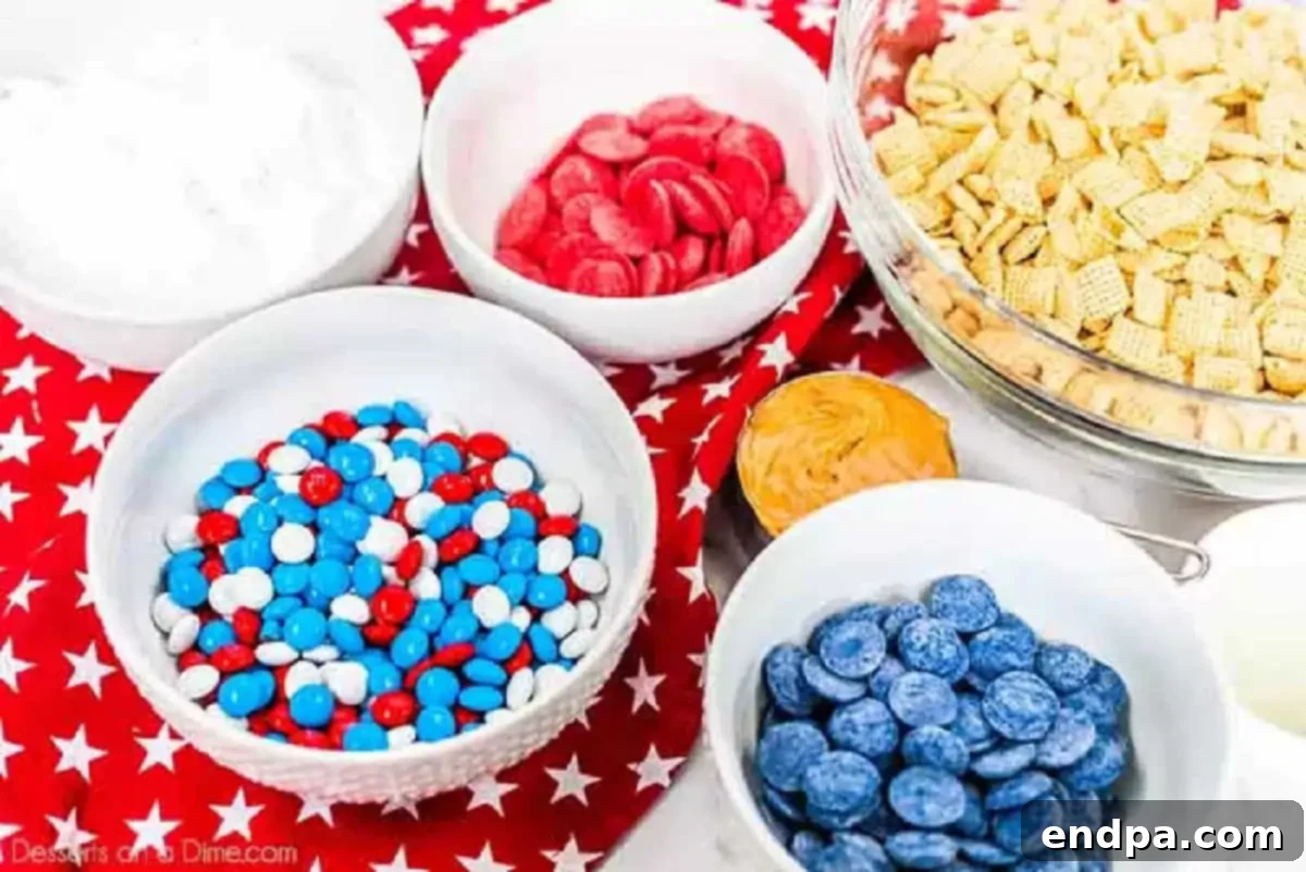 Patriotic Puppy Chow 3 Ingredients for Red, White and Blue Muddy Buddies including Chex cereal, peanut butter, red and blue candy melts, and patriotic M&Ms.