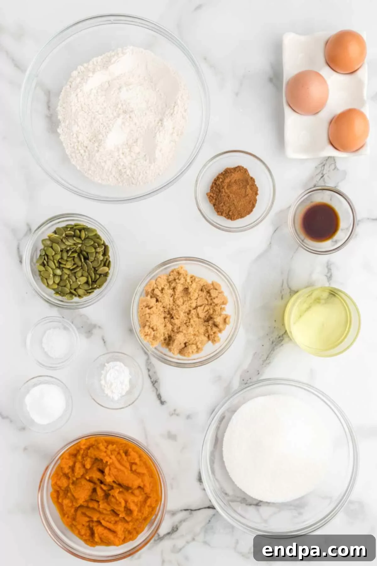 Starbucks Copycat Pumpkin Bread 3 Ingredients for Starbucks pumpkin bread - flour, baking soda, pumpkin puree, brown sugar, eggs, vanilla, pepitas.