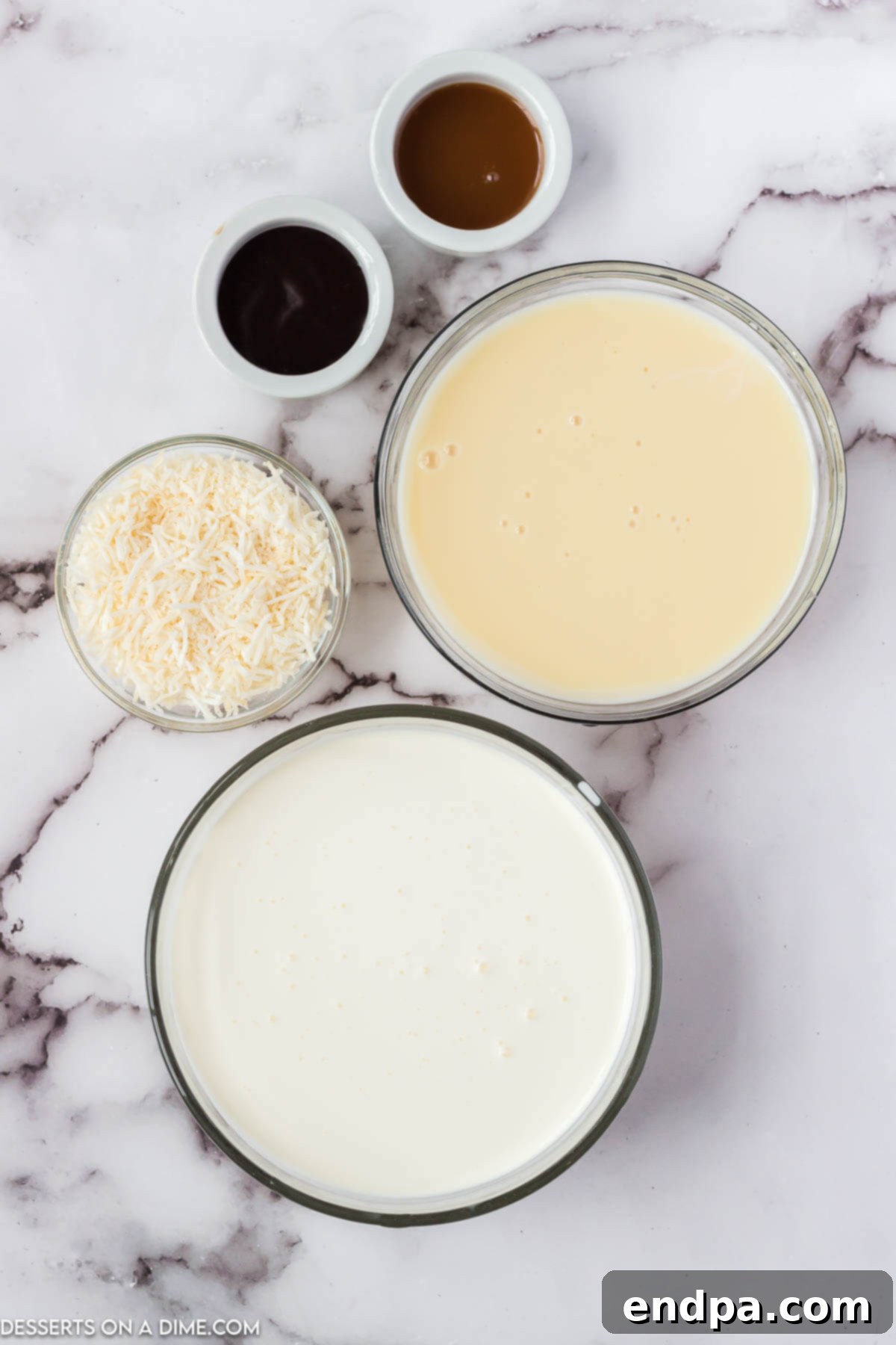 Ingredients for Samoa ice cream - heavy whipping cream, sweetened condensed milk, shredded coconut, chocolate syrup, caramel syrup.