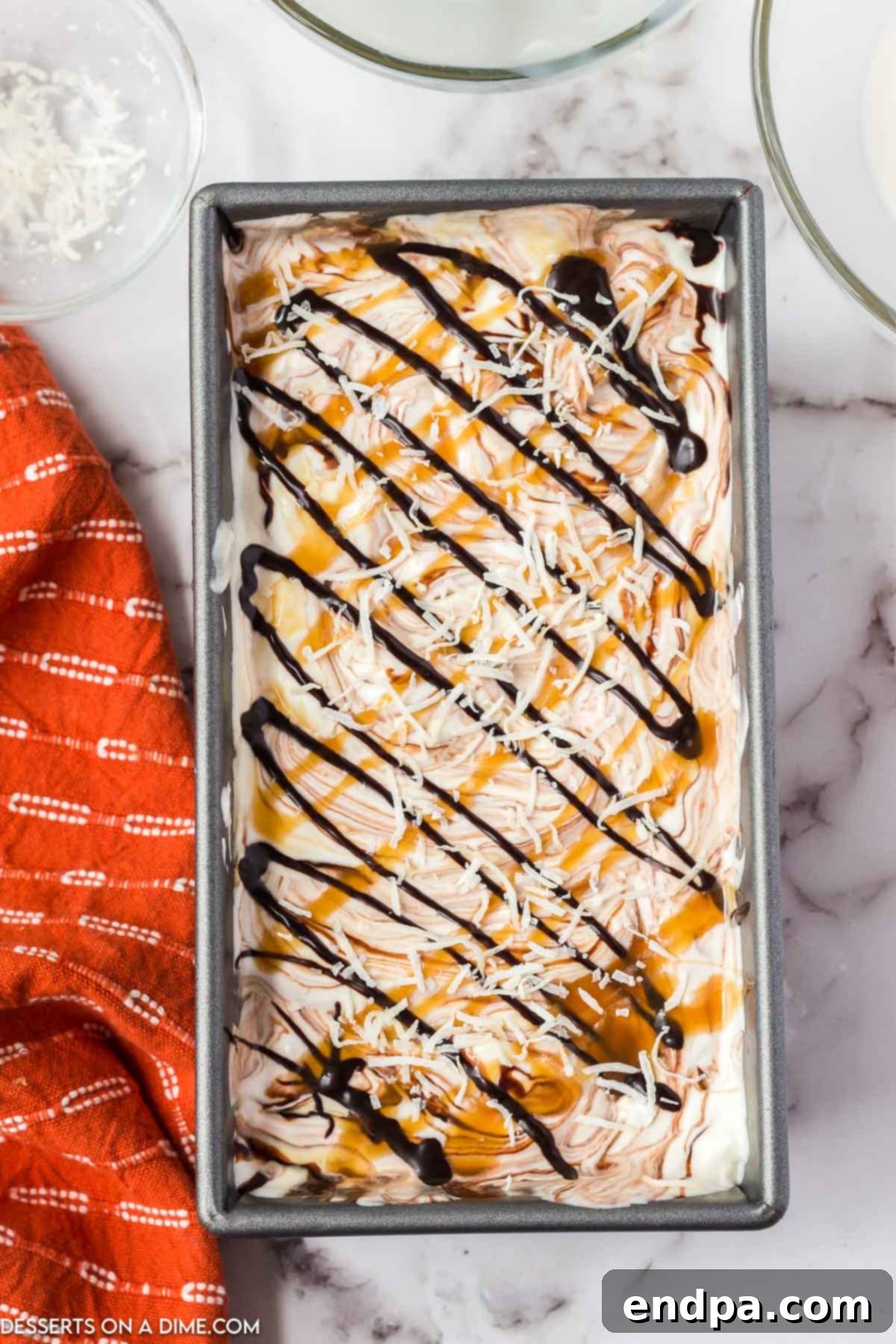 Caramel and chocolate syrup drizzled on top.