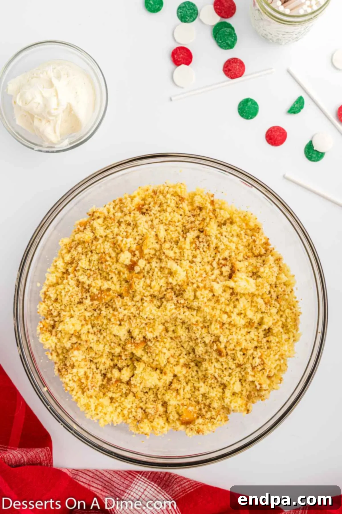 Crumble cake in a large mixing bowl.