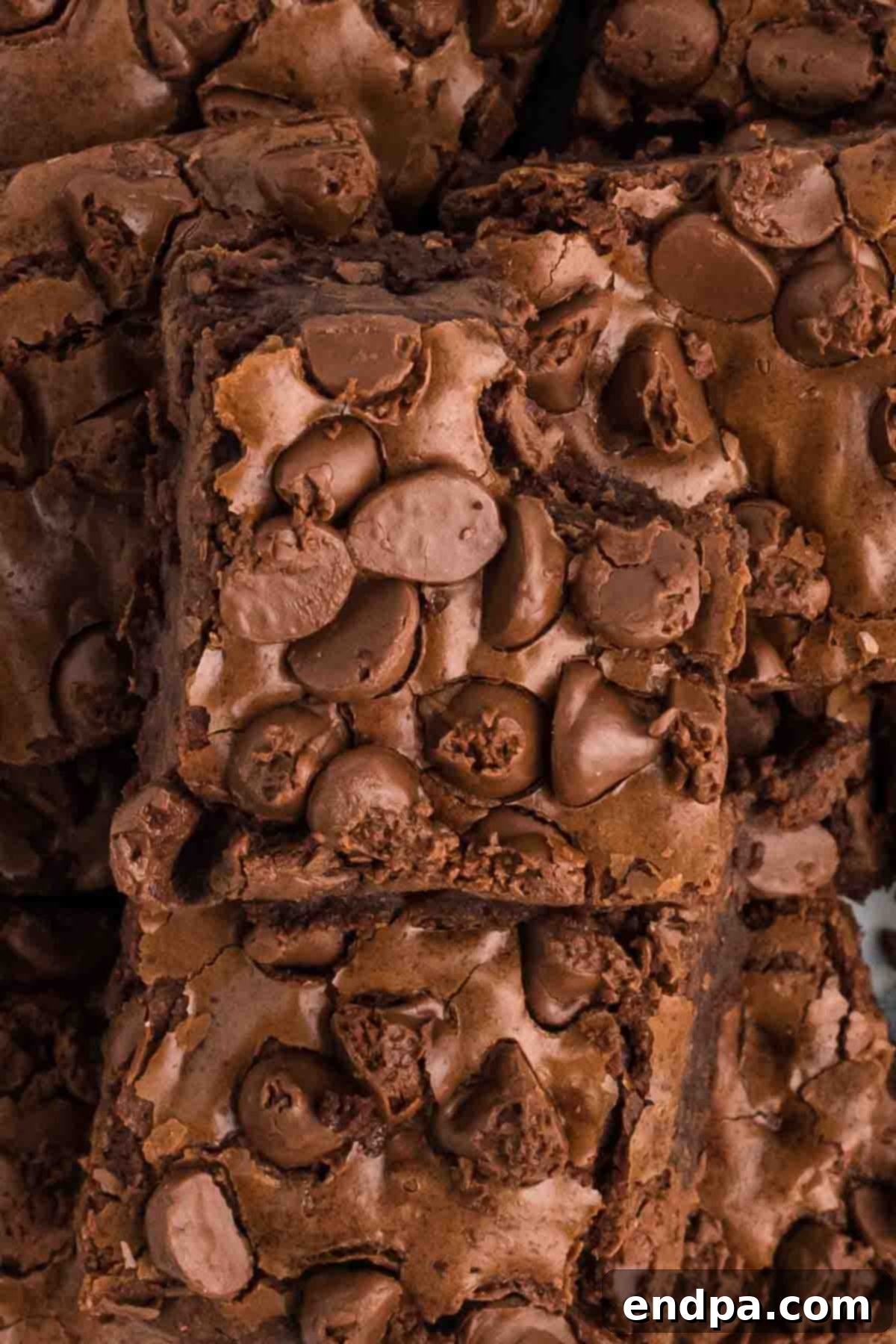 Close-up photo of a rich, fudgy Starbucks-style brownie with chocolate chips on top.
