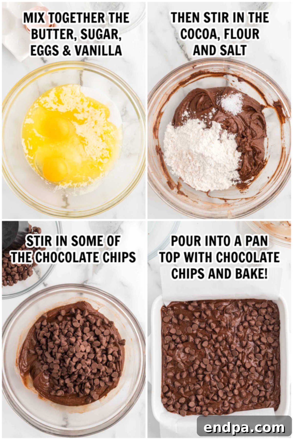Process photos showing brownie batter being mixed and poured into a baking pan.