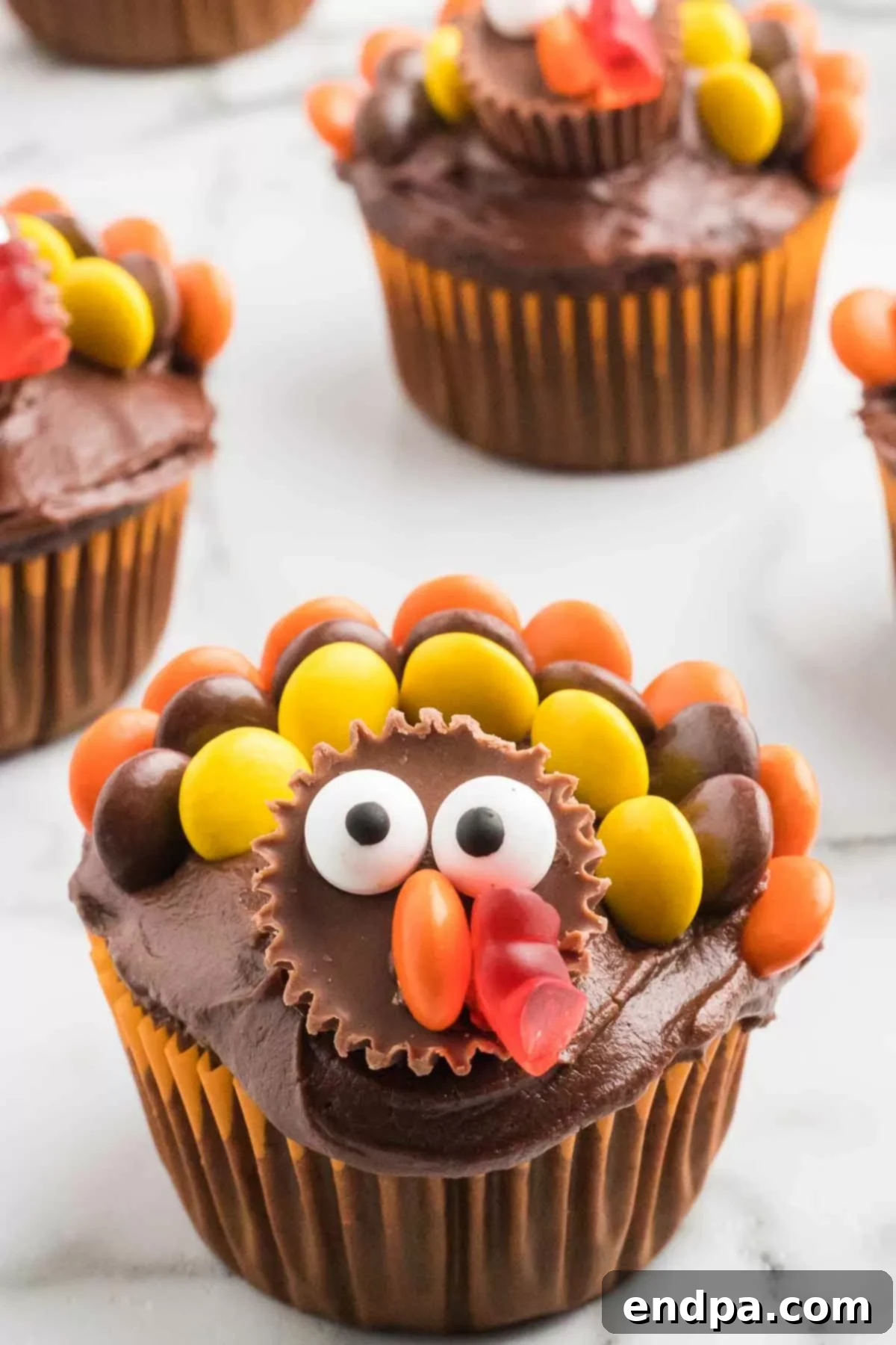 Beautifully decorated Turkey Cupcakes ready to be enjoyed as a Thanksgiving dessert.