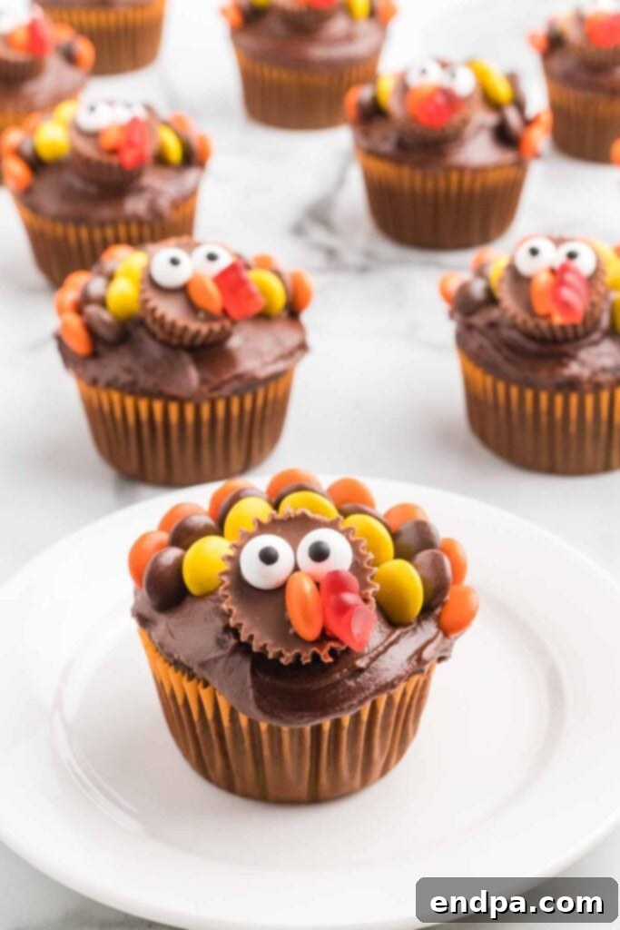 A tray of completed Turkey Cupcakes, beautifully decorated and ready to be served and enjoyed.