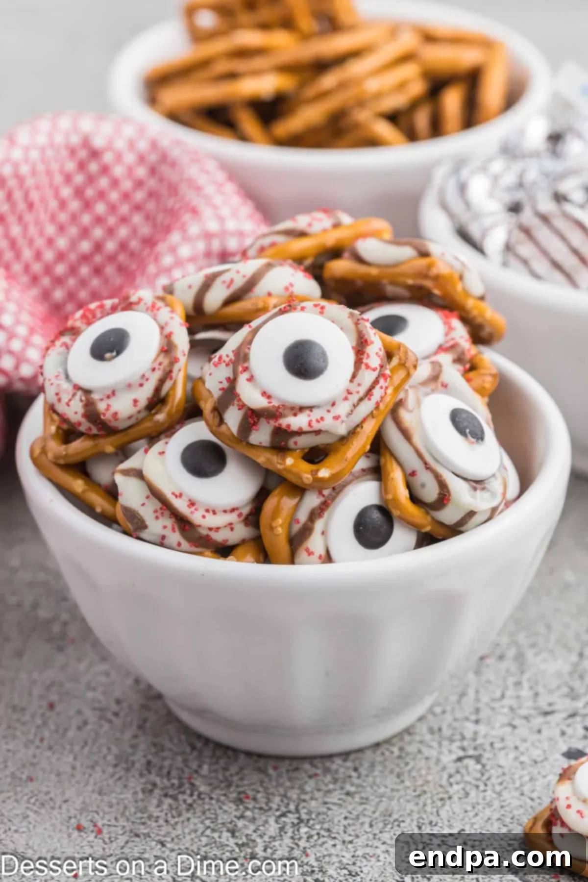 A close-up of a finished Halloween Monster Eyeball Pretzel.