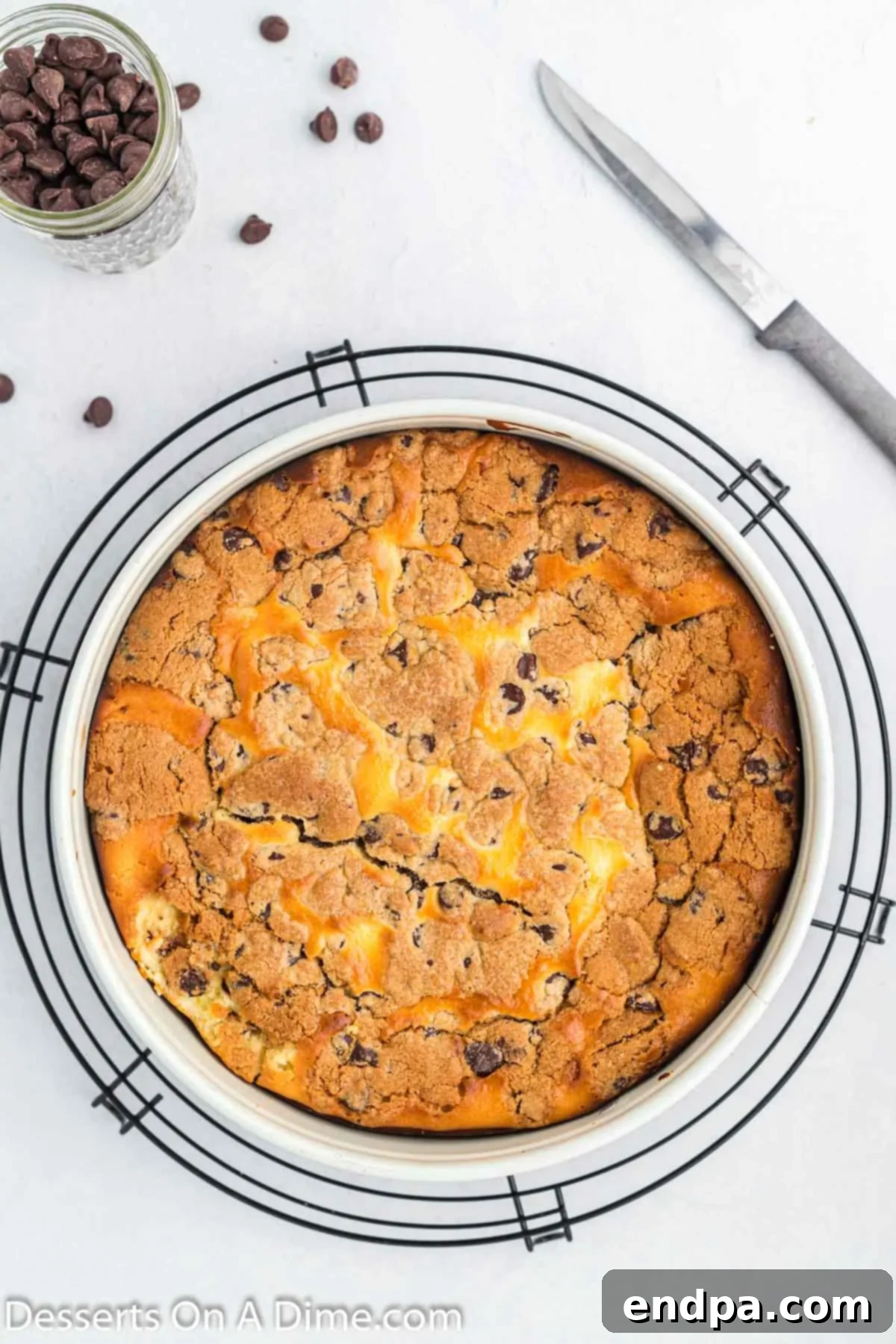 Cookie Dough Dream Cheesecake 7 A freshly baked Chocolate Chip Cookie Cheesecake cooling slowly inside the oven with the door slightly ajar, showing its beautifully set edges and slightly jiggly center.