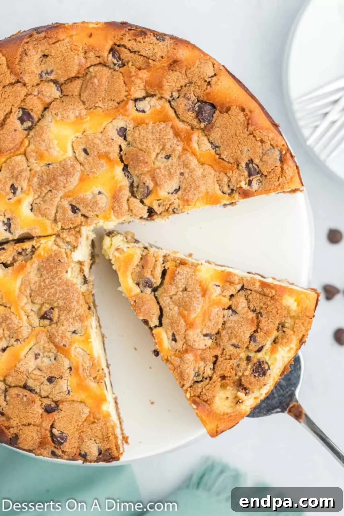 Cookie Dough Dream Cheesecake 9 A close-up shot of a hand carefully slicing into a beautiful Chocolate Chip Cookie Cheesecake, highlighting the creamy interior and the distinct cookie crust.