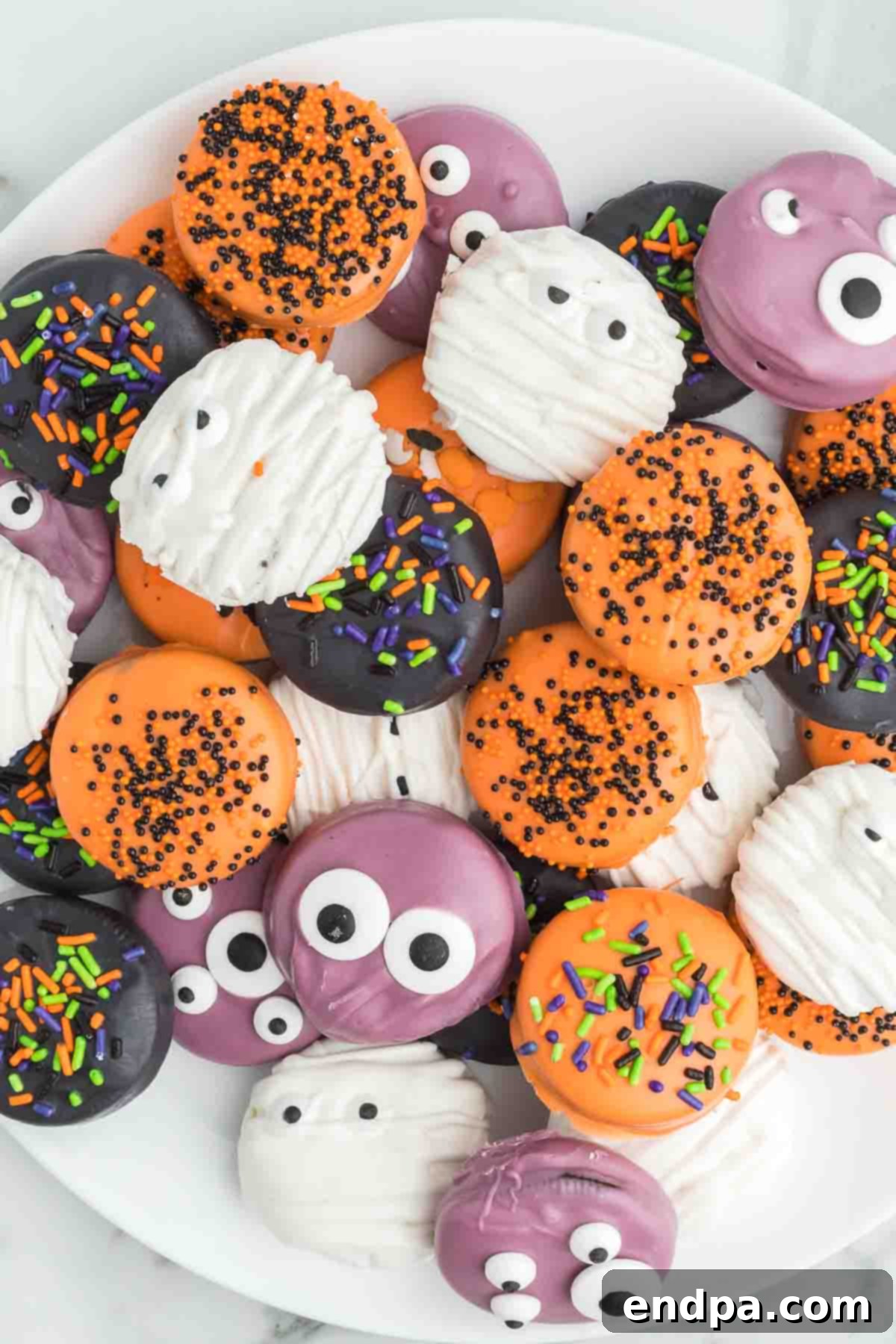 A platter filled with an assortment of Halloween chocolate covered Oreos, featuring various spooky and colorful designs.