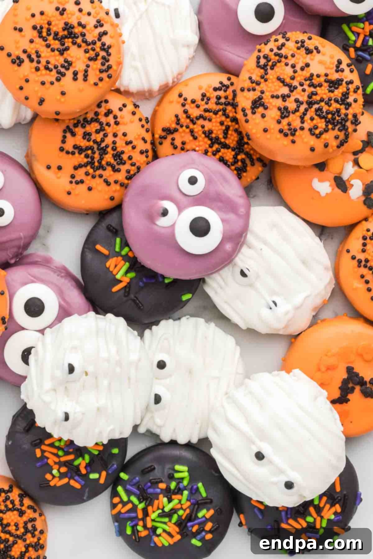 A festive platter showcasing an array of Halloween chocolate covered Oreos, perfectly decorated and ready to enjoy.
