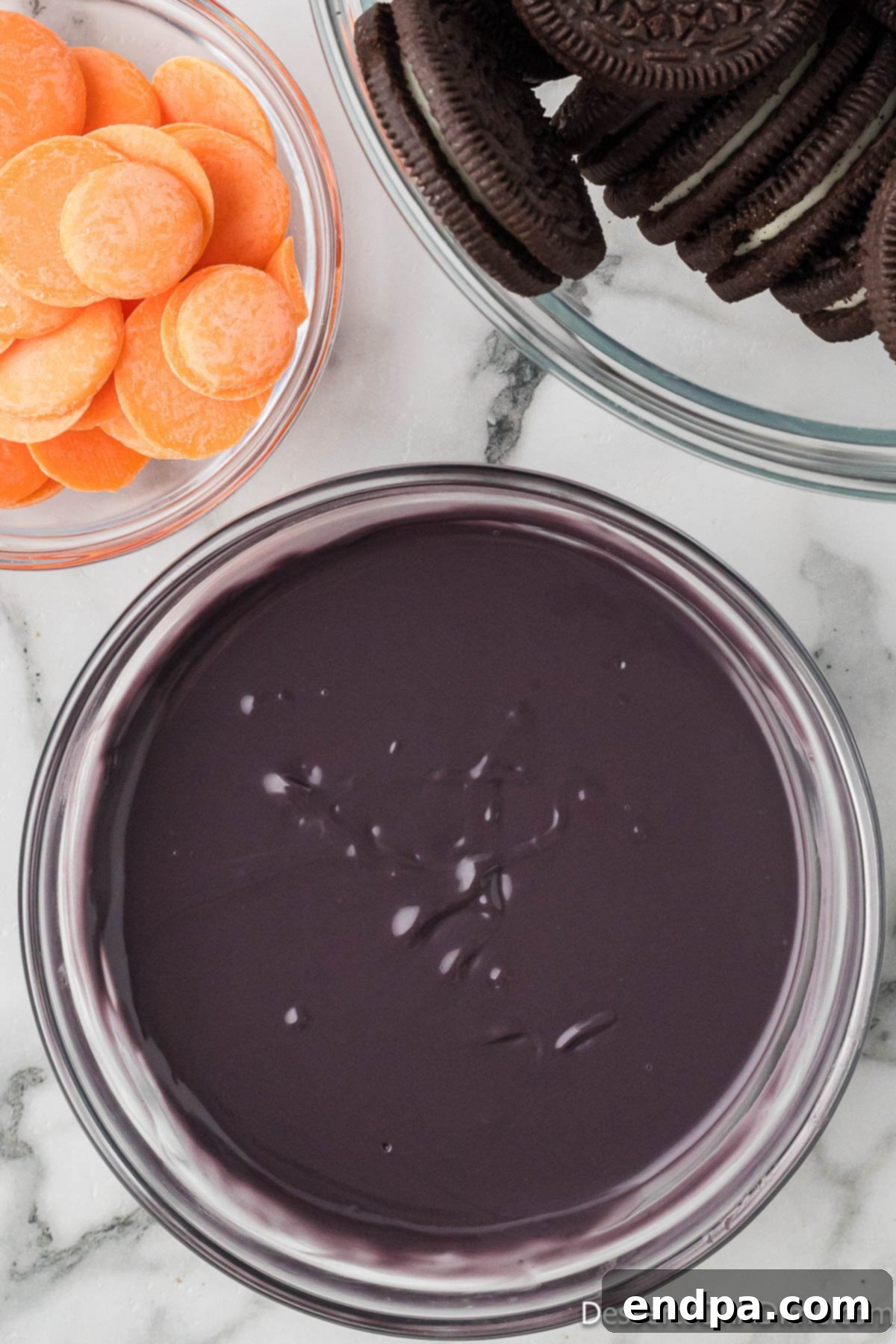 Smooth, melted candy melts in a bowl, ready for dipping.