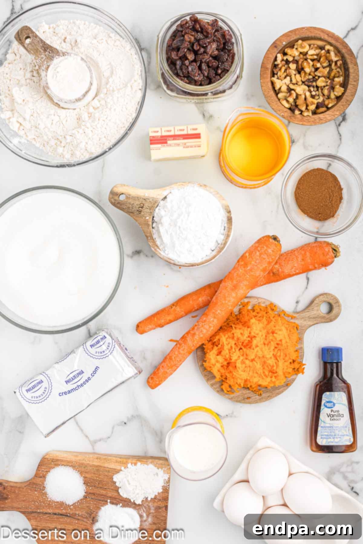 Irresistible Carrot Cake Cupcakes 3 Ingredients laid out for carrot cake cupcakes, including carrots, flour, sugar, and spices.