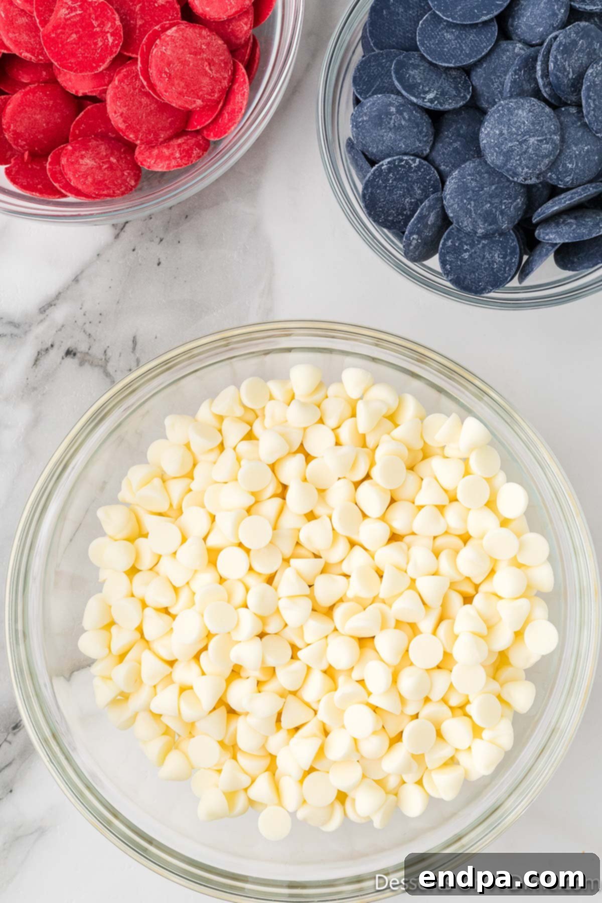 Bowl with white chocolate chips, ready for melting.