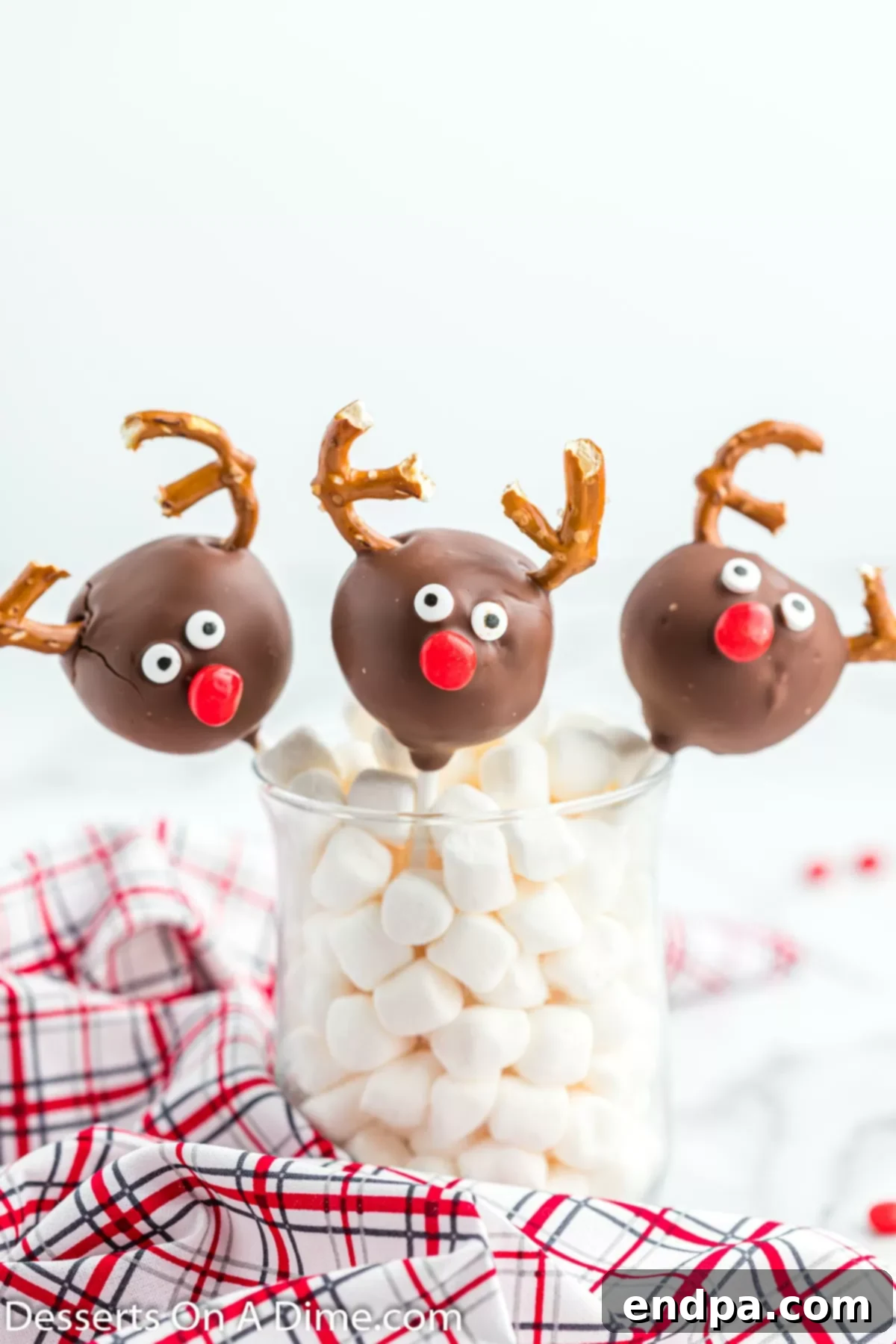 Decorated Reindeer Cake Pops standing upright in a cake pop stand, allowing the chocolate coating and decorations to set completely.