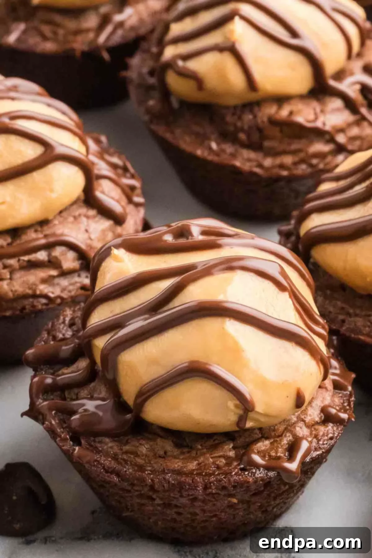 Peanut Butter Brownie Bliss Bites 2 Buckeye brownie bites grouped together, showcasing the fudgy brownie, peanut butter ball, and chocolate drizzle.