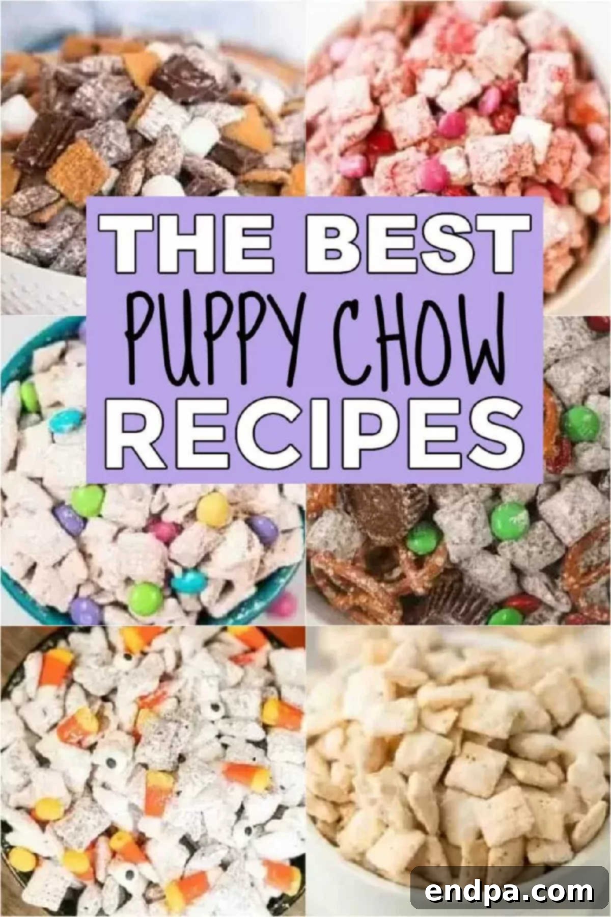 Try 15 easy recipes for Puppy Chow that the entire family will love. These are the best puppy chow recipes for all occasions. Explore top Chex mix puppy chow recipes including s’mores puppy chow, lemon puppy chow, Funfetti puppy chow, holiday themes, and many more. If you love muddy buddies, you’ll adore these fun recipe ideas! #dessertsonadime #puppychowrecipes #nobakerecipes #muddybuddiesrecipes