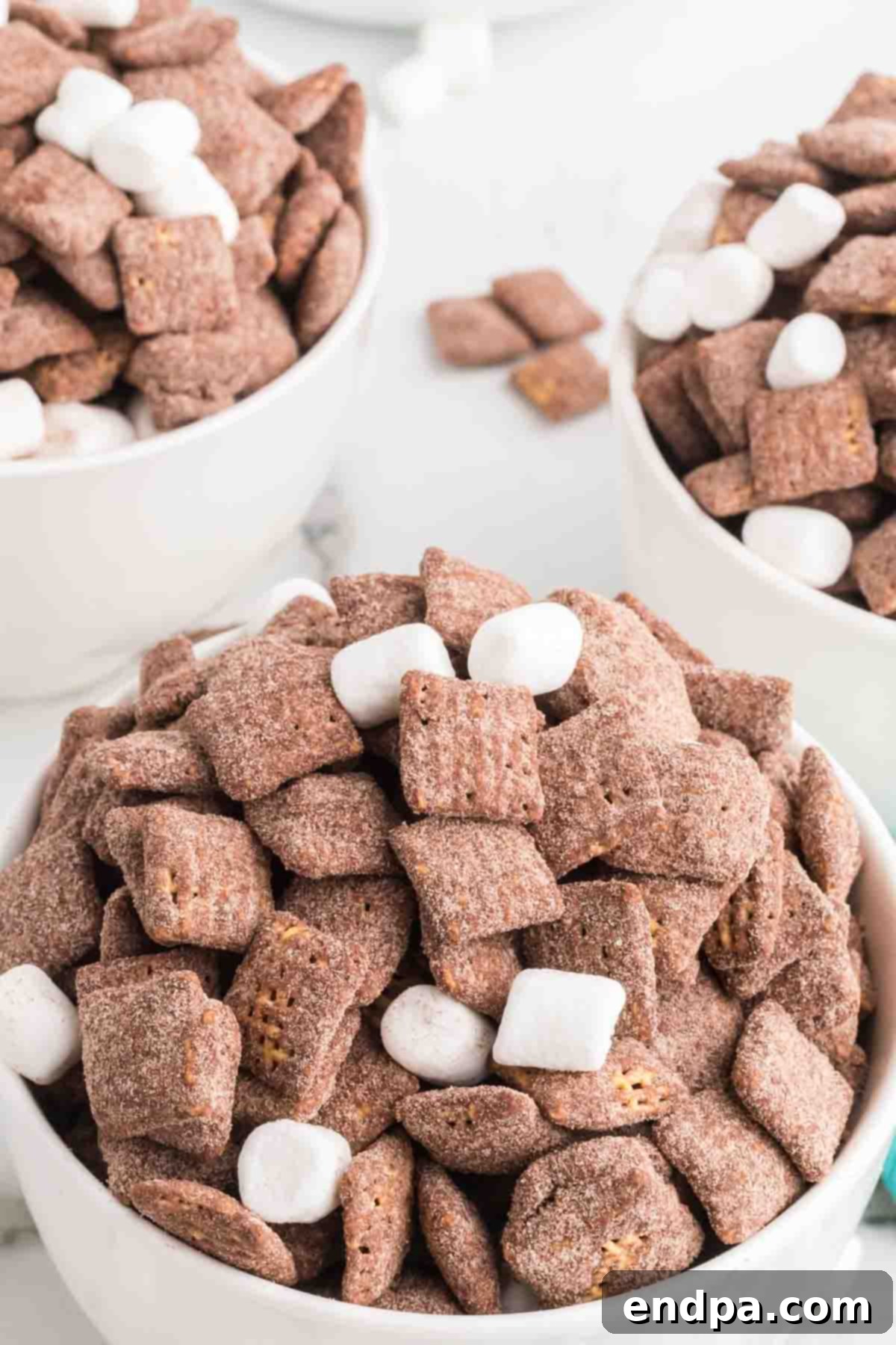 Decadent Hot Chocolate Puppy Chow 2 Bowl of hot chocolate puppy chow, garnished with mini marshmallows.
