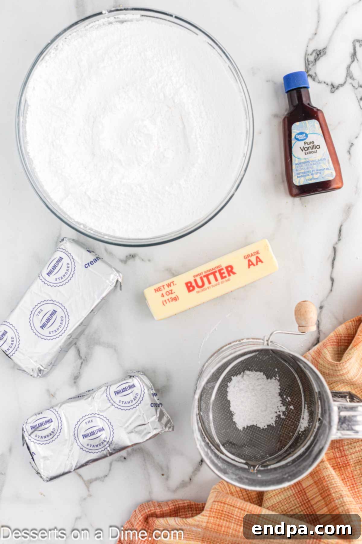 Ultimate Homemade Cream Cheese Frosting 3 Ingredients for recipe - cream cheese, butter, powdered sugar, vanilla.