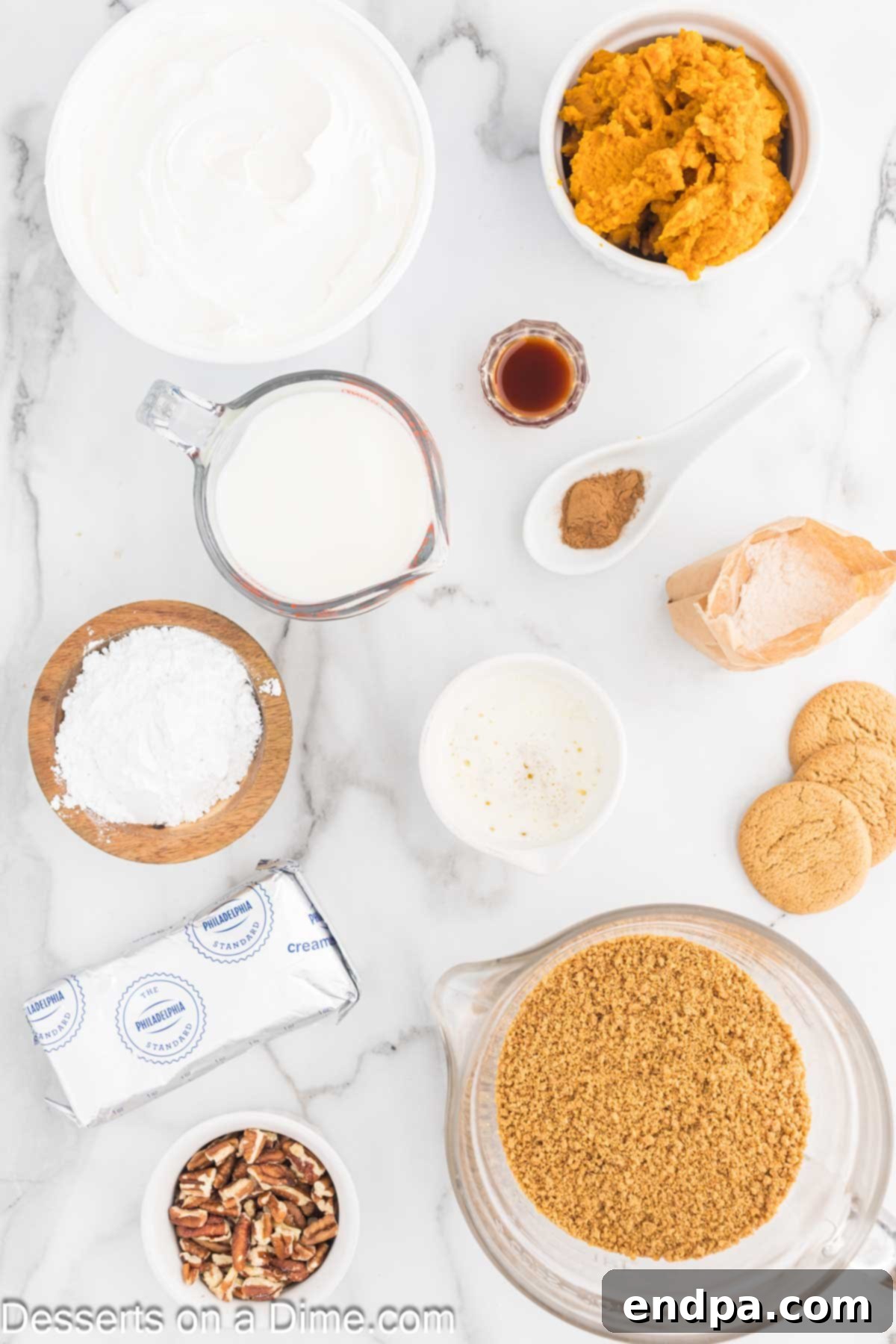 Spiced Pumpkin Cloud Bars 3 Ingredients for Pumpkin Dream Bars - gingersnap cookies, butter, vanilla pudding, pumpkin puree, milk, cream cheese, powdered sugar, vanilla, whipped topping, pecans.