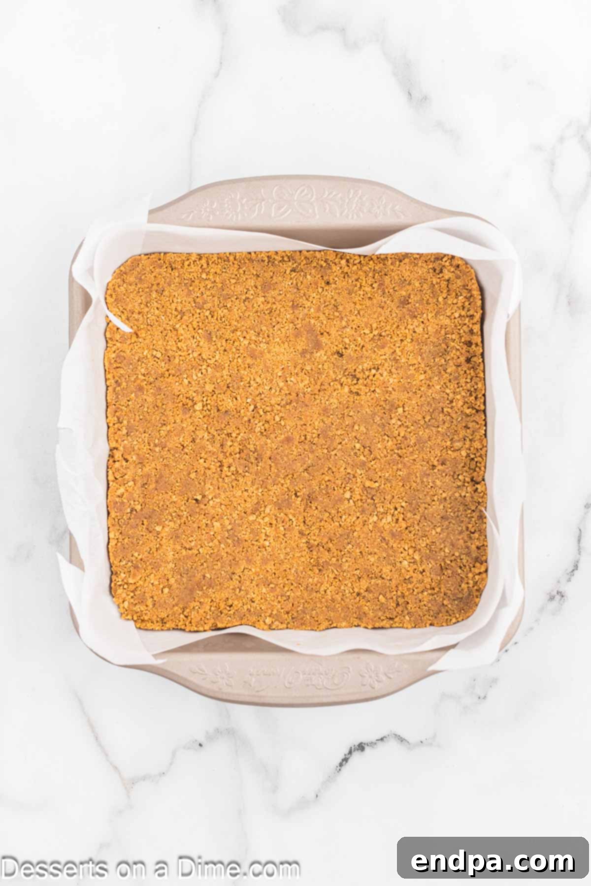 Spiced Pumpkin Cloud Bars 5 Crust pressed into baking pan.