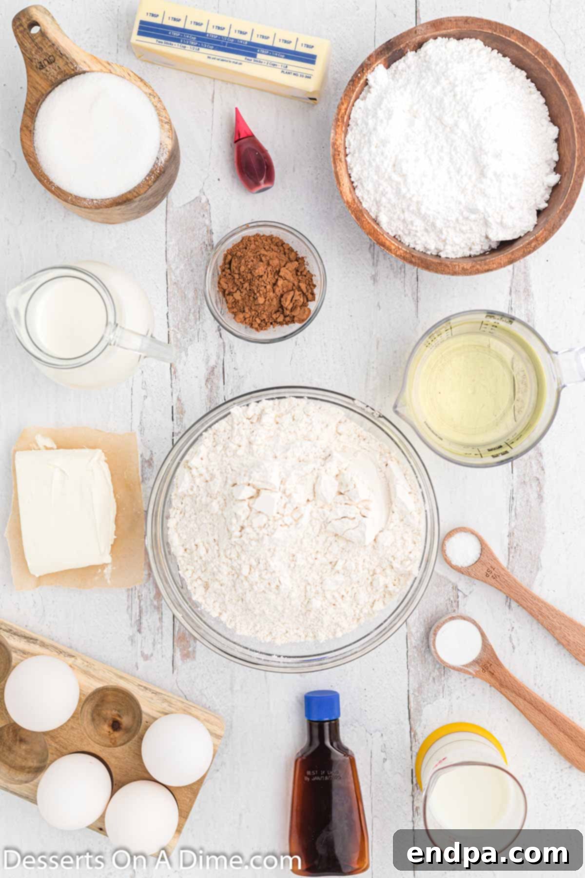 All essential ingredients for Red Velvet Pound Cake laid out: flour, cocoa powder, baking soda, butter, eggs, vanilla extract, red food coloring, buttermilk, cream cheese, powdered sugar, and milk.