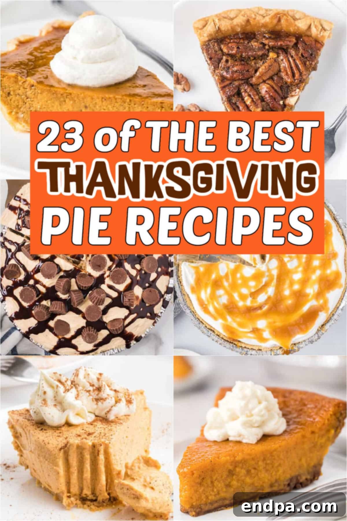 A beautiful selection of Thanksgiving pies, including pumpkin, pecan, and various fruit pies, ready to be served. This is the best list of Thanksgiving pie recipes!