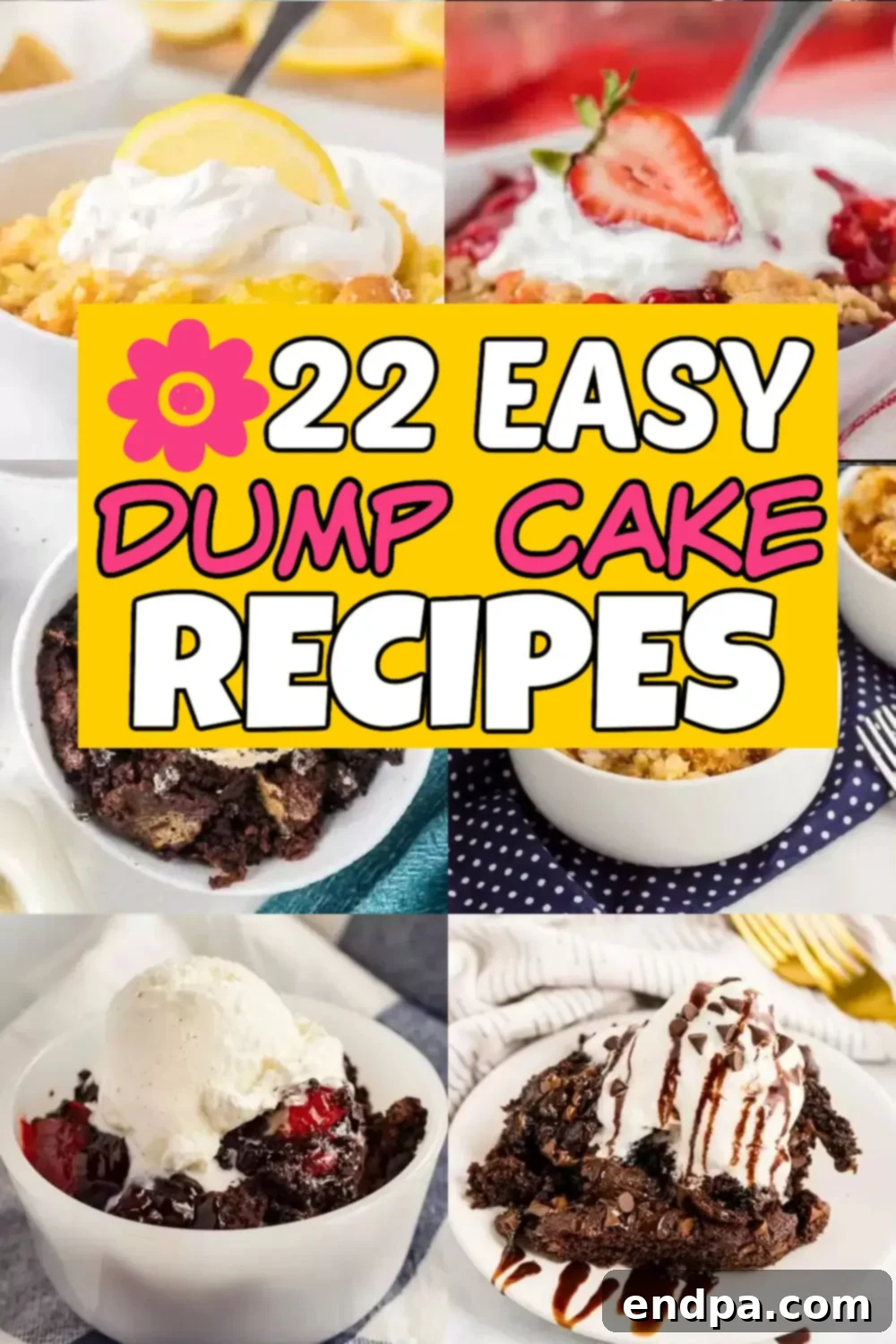 A vibrant assortment of various dump cakes, showcasing different fruit fillings and cake toppings, appealingly arranged to highlight their delicious simplicity.