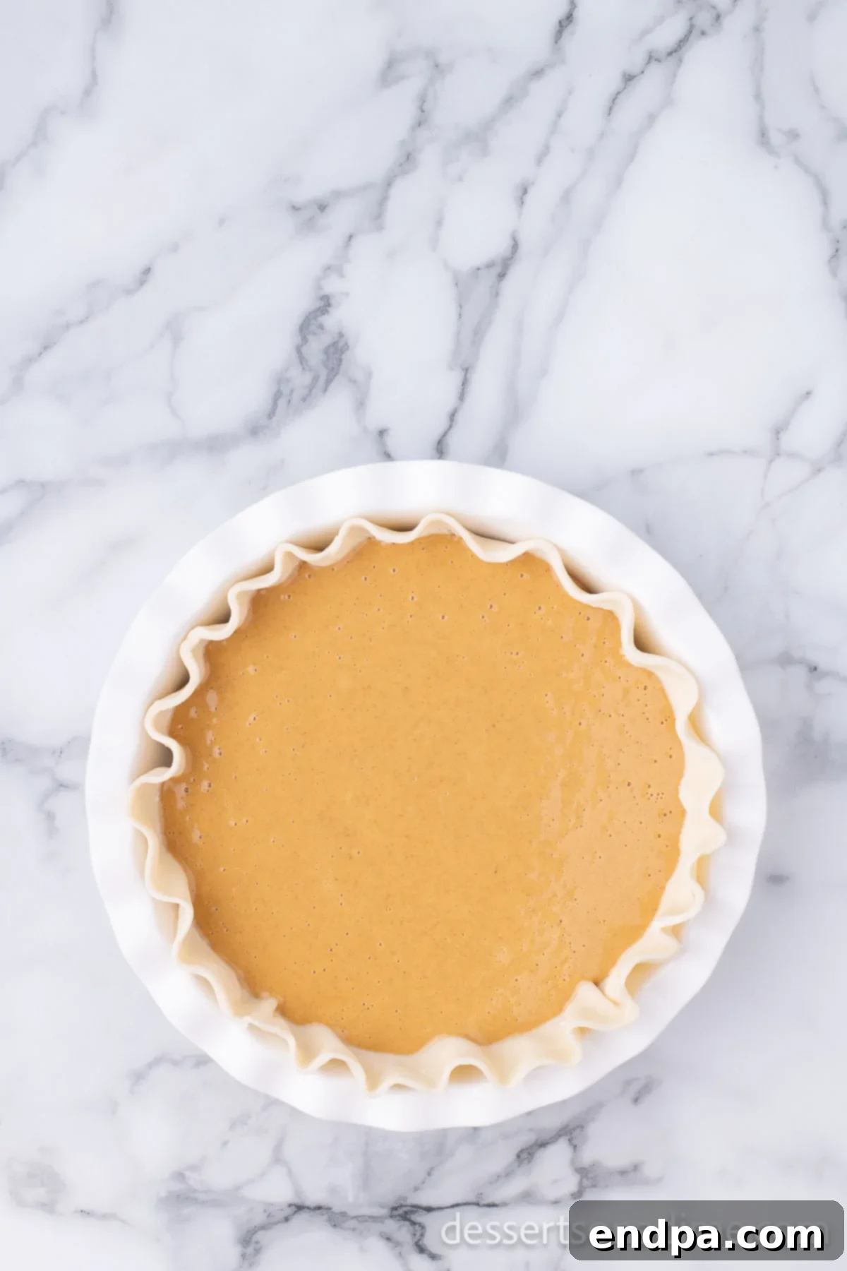 Luscious Dulce De Leche Pumpkin Pie 5 The smooth Dulce De Leche pumpkin pie mixture carefully poured into the chilled, unbaked pie crust, ready for baking.