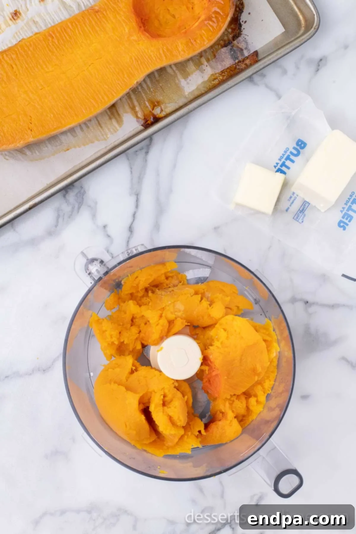 Golden Harvest Butternut Squash Pie 6 Cooked squash in food processor.