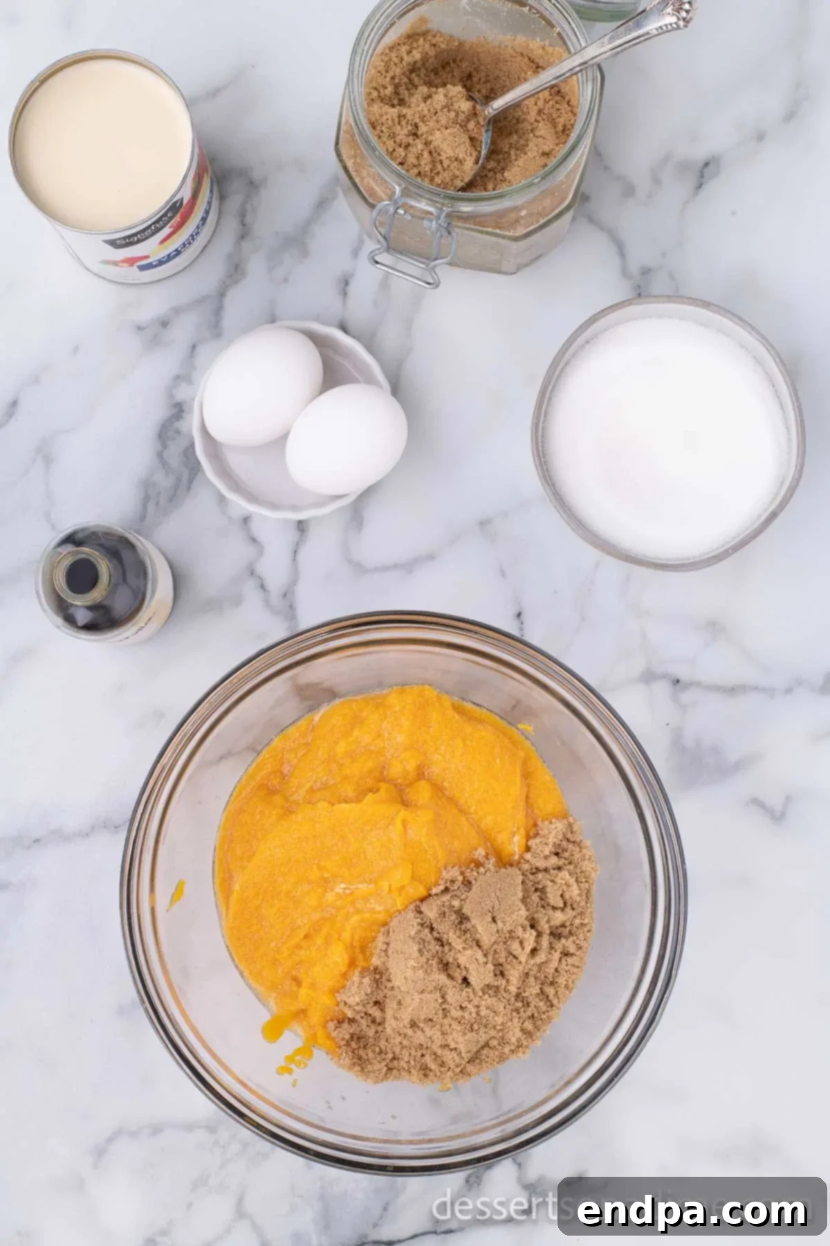 Golden Harvest Butternut Squash Pie 10 Brown sugar added to bowl with squash puree.