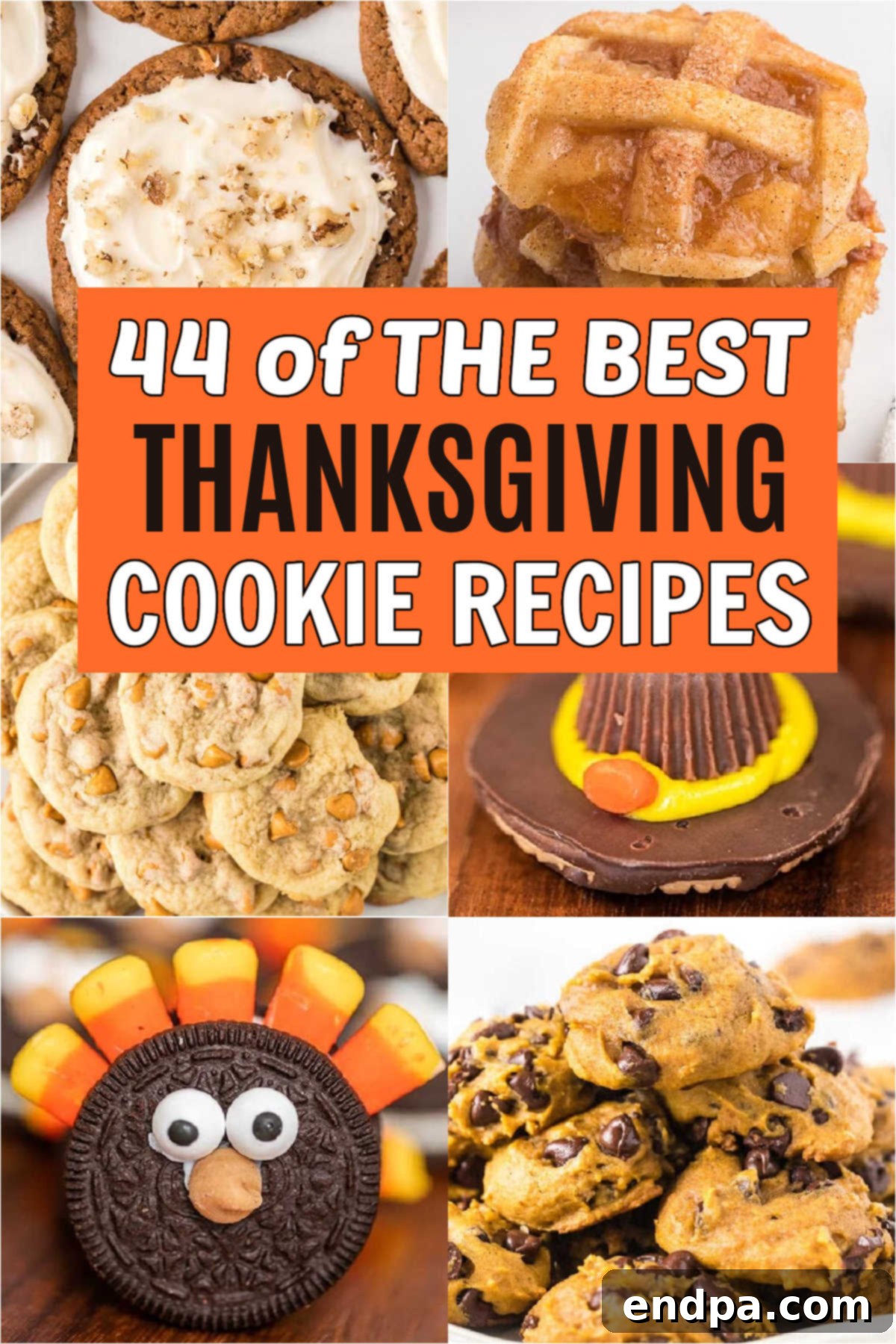 A festive platter of various Thanksgiving cookies, including turkey-decorated and pumpkin-spiced treats, perfect for holiday gatherings.